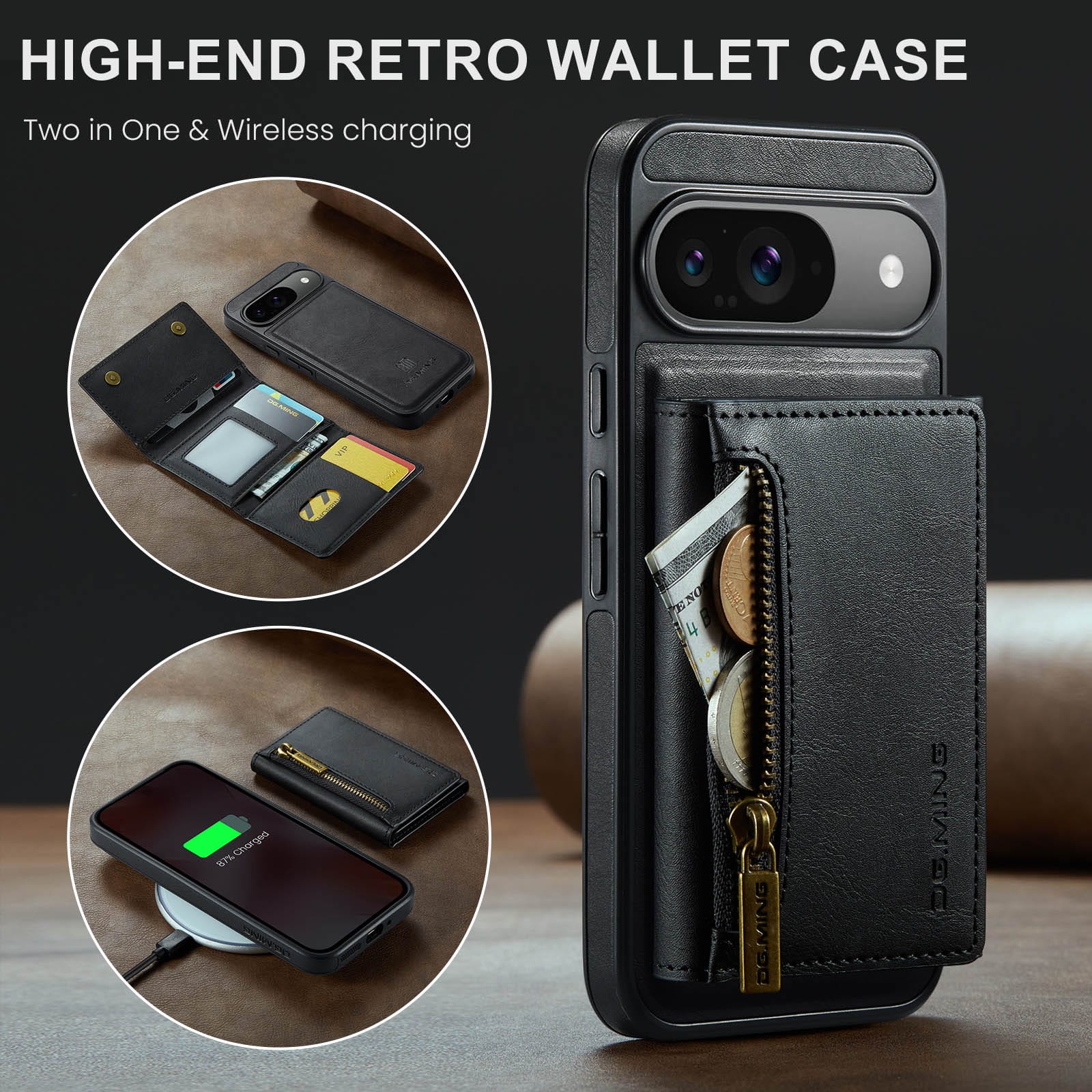 DG.MING Magnetic Wallet Case with Zipper Pocket for Pixel 10 [Black]