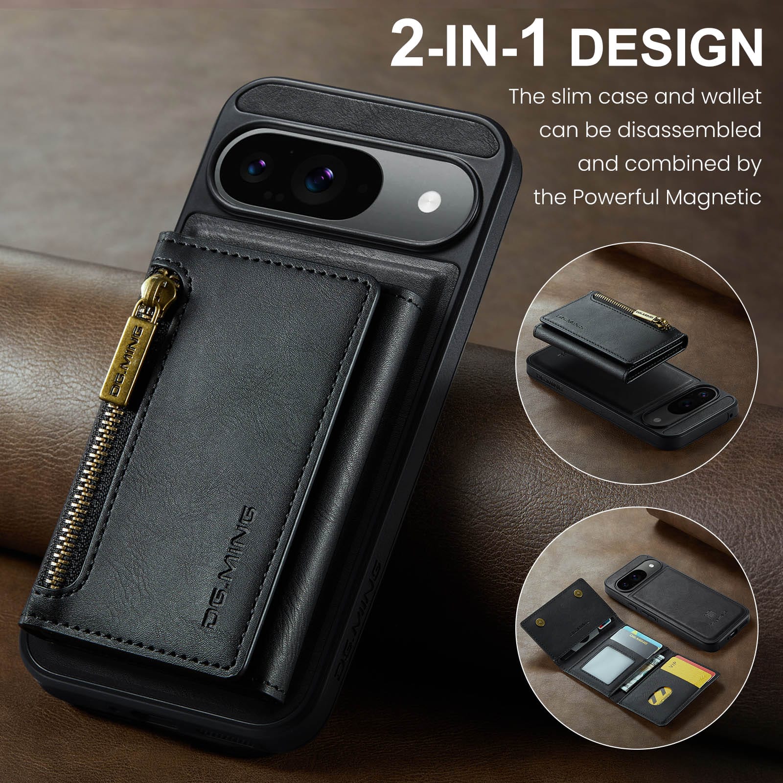 DG.MING Magnetic Wallet Case with Zipper Pocket for Pixel 10 [Black]