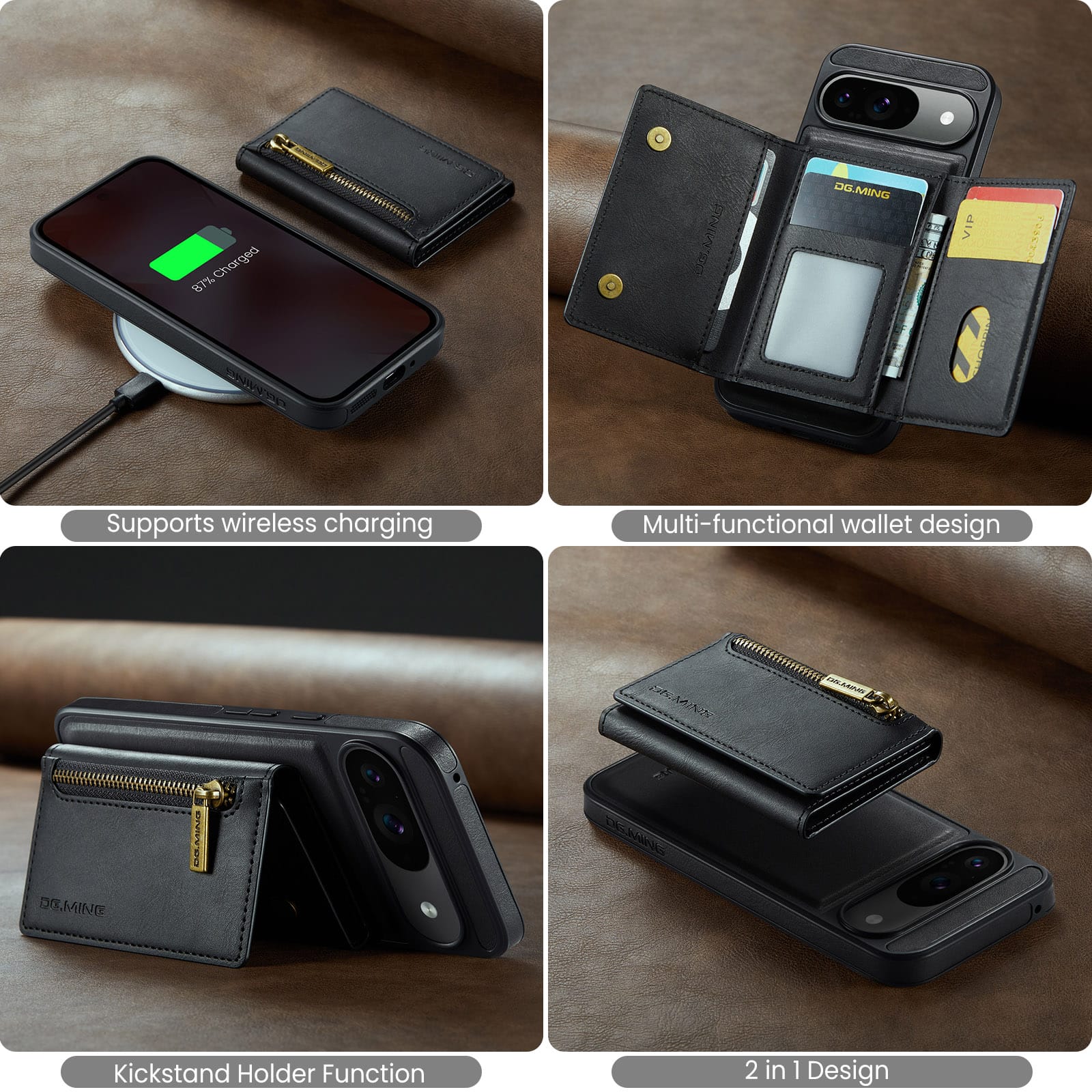 DG.MING Magnetic Wallet Case with Zipper Pocket for Pixel 10 [Black]