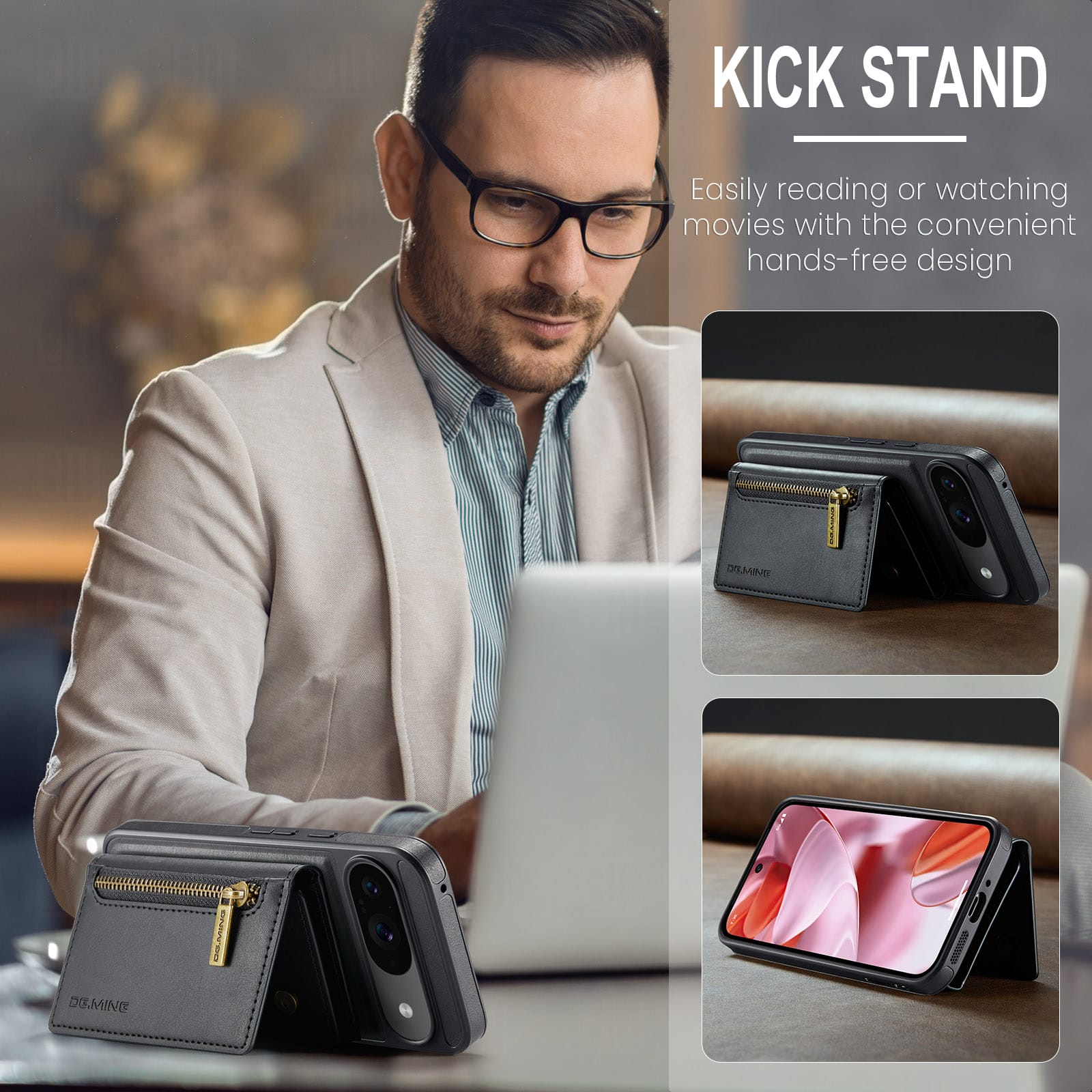 DG.MING Magnetic Wallet Case with Zipper Pocket for Pixel 10 Pro [Black]