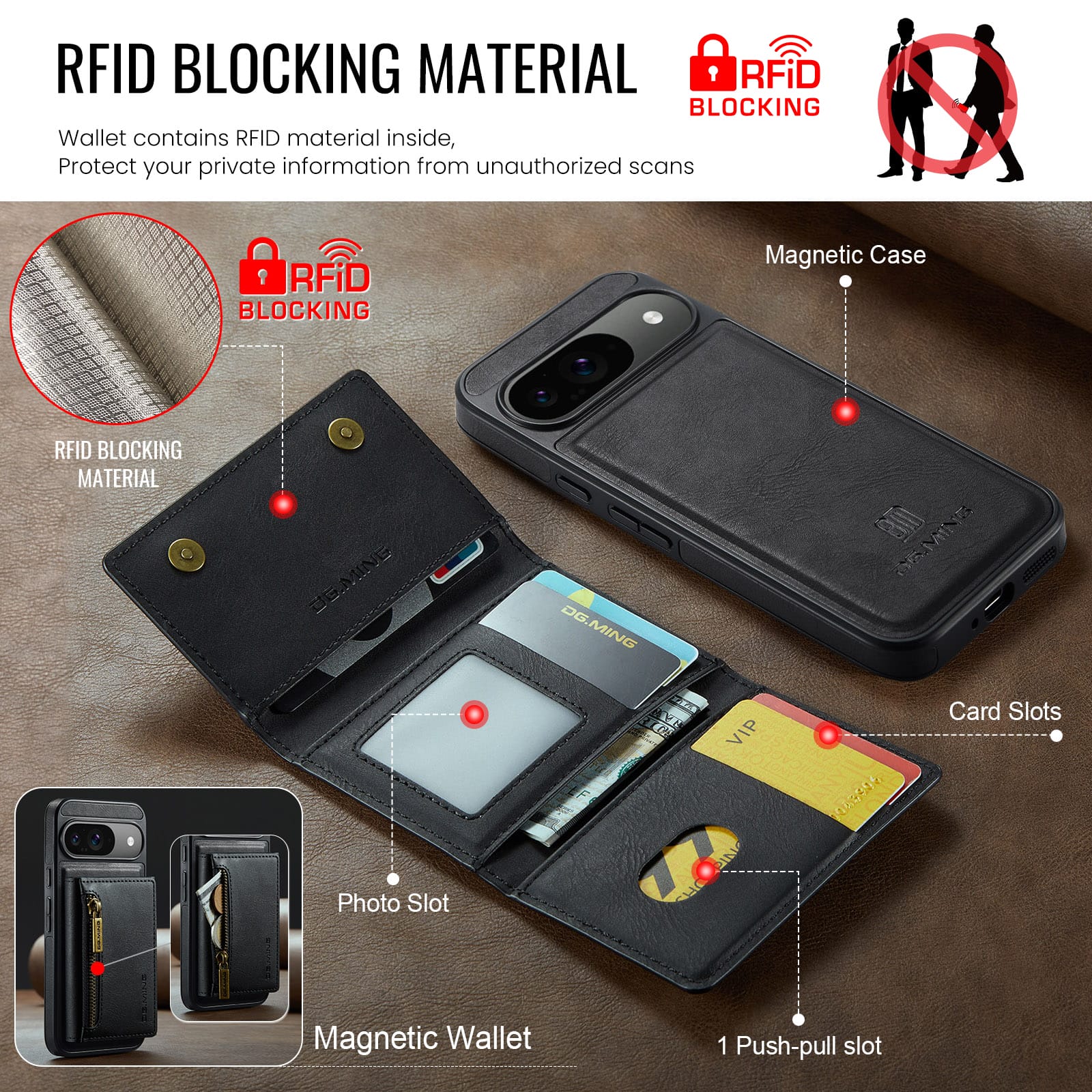 DG.MING Magnetic Wallet Case with Zipper Pocket for Pixel 10 [Black]