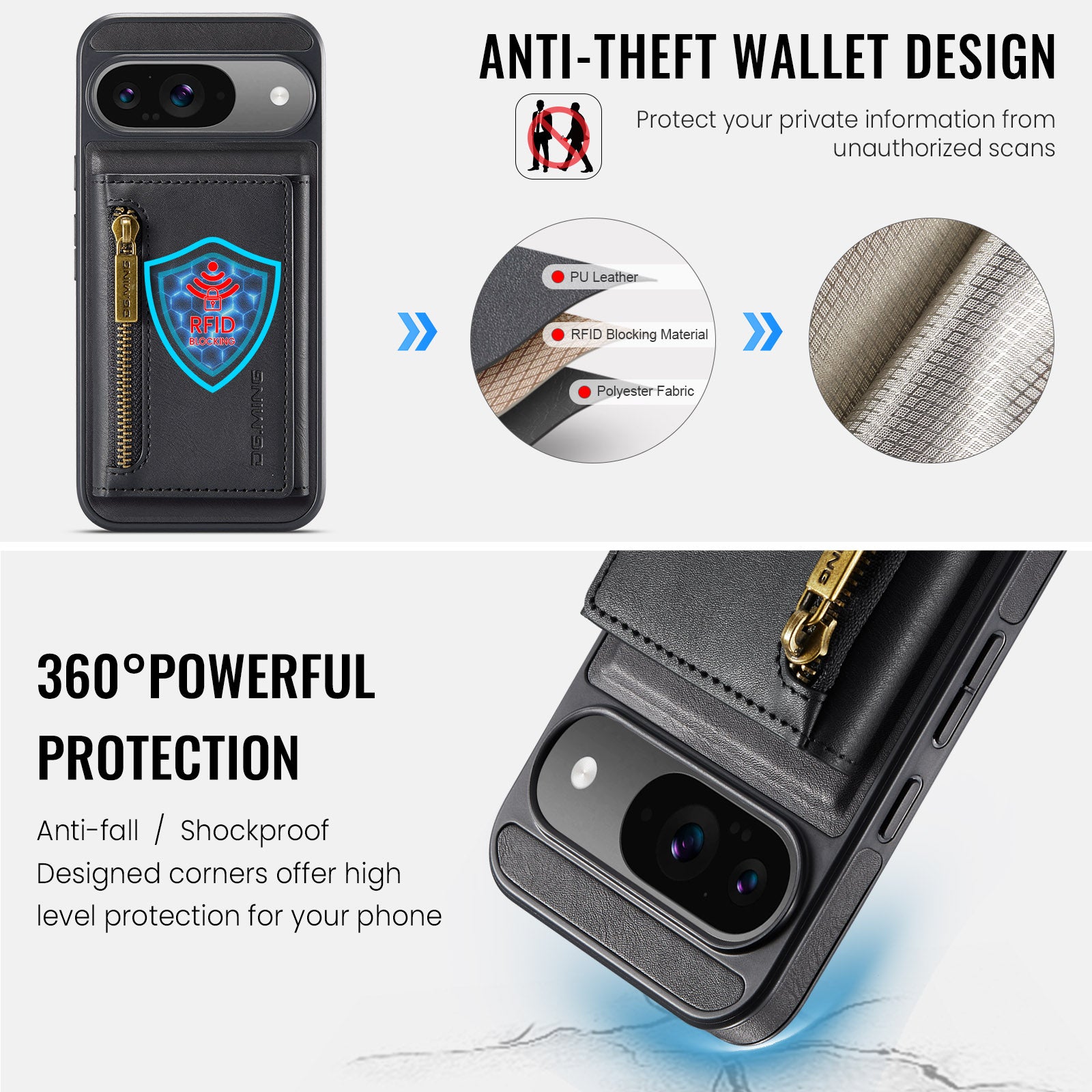 DG.MING Magnetic Wallet Case with Zipper Pocket for Pixel 10 [Black]