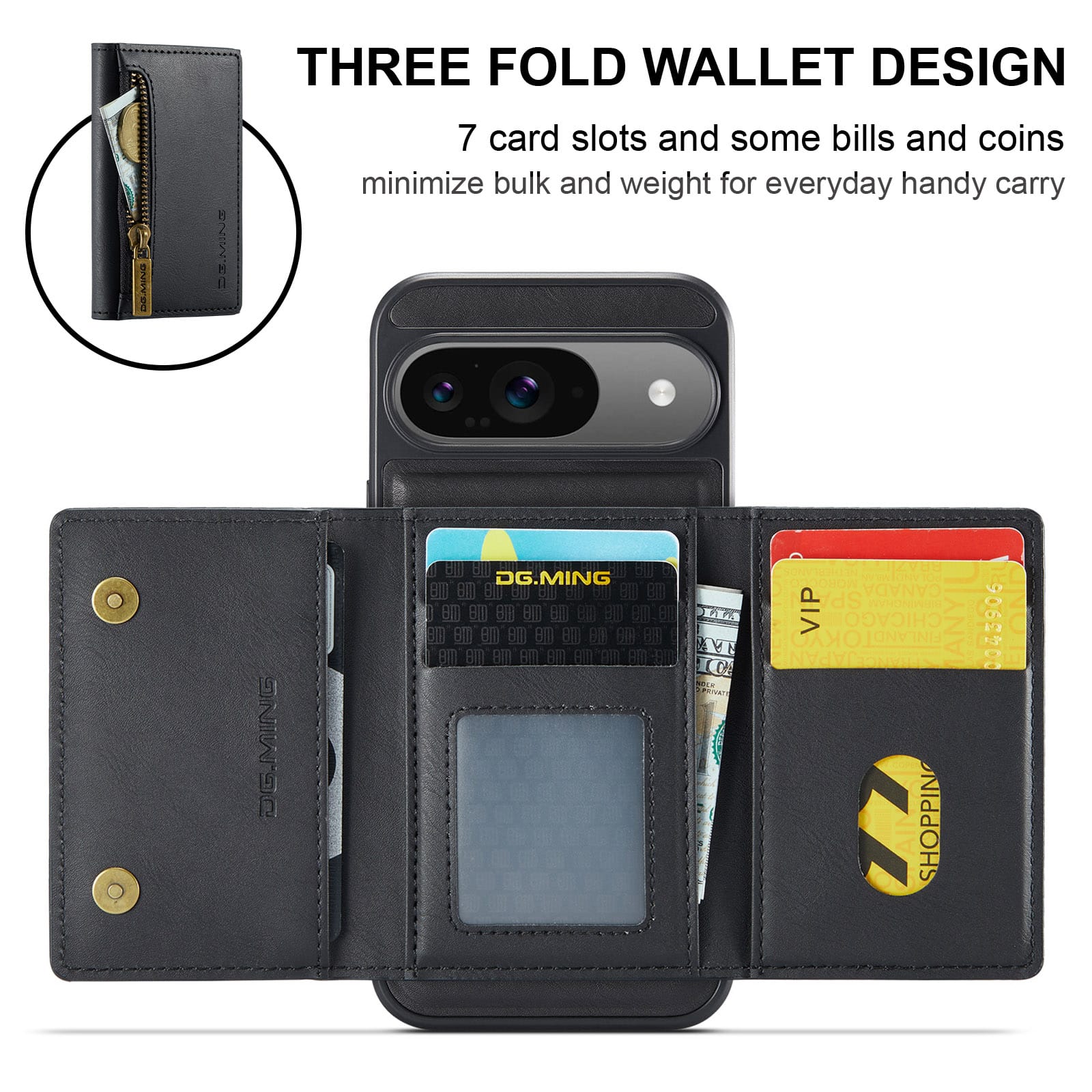 DG.MING Magnetic Wallet Case with Zipper Pocket for Pixel 10 [Black]