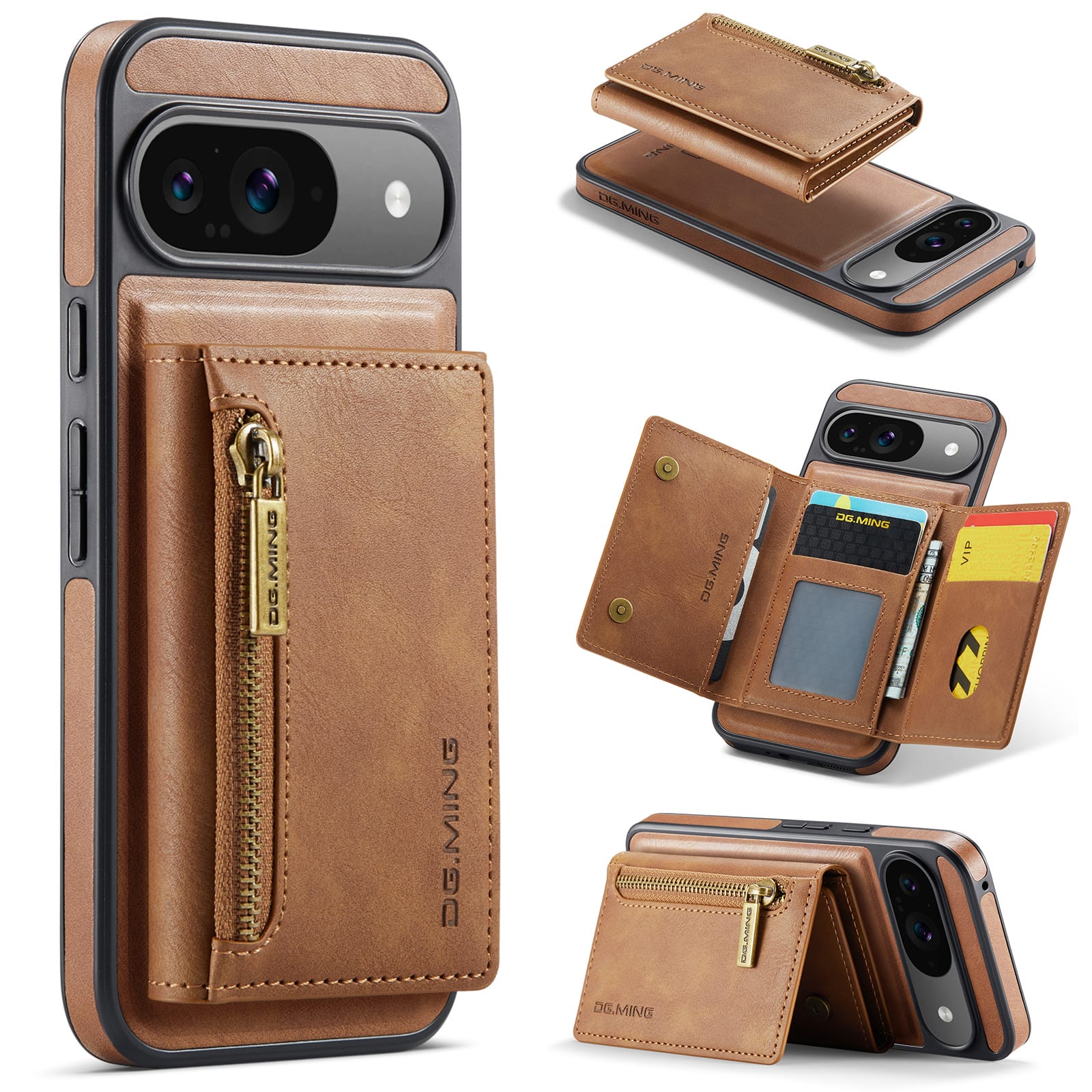 DG.MING Detachable Magnetic Wallet Case with Zipper Pocket for Pixel 10 [Brown]