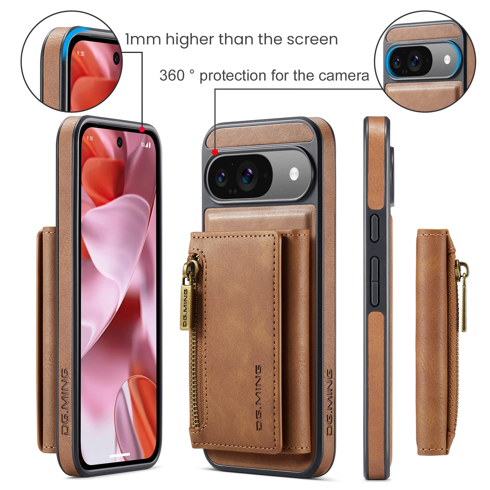 DG.MING Detachable Magnetic Wallet Case with Zipper Pocket for Pixel 10 [Brown]