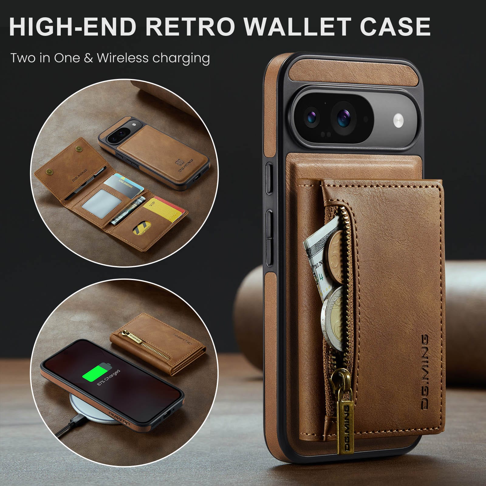 DG.MING Detachable Magnetic Wallet Case with Zipper Pocket for Pixel 10 [Brown]