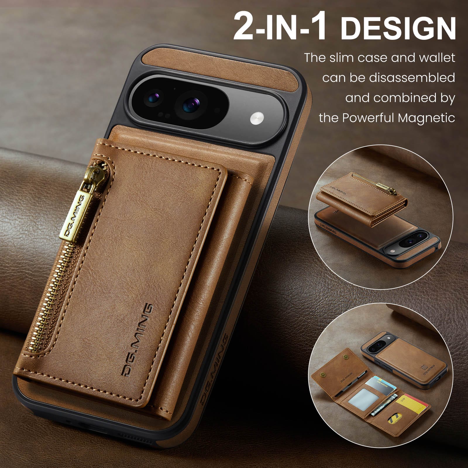 DG.MING Detachable Magnetic Wallet Case with Zipper Pocket for Pixel 10 [Brown]