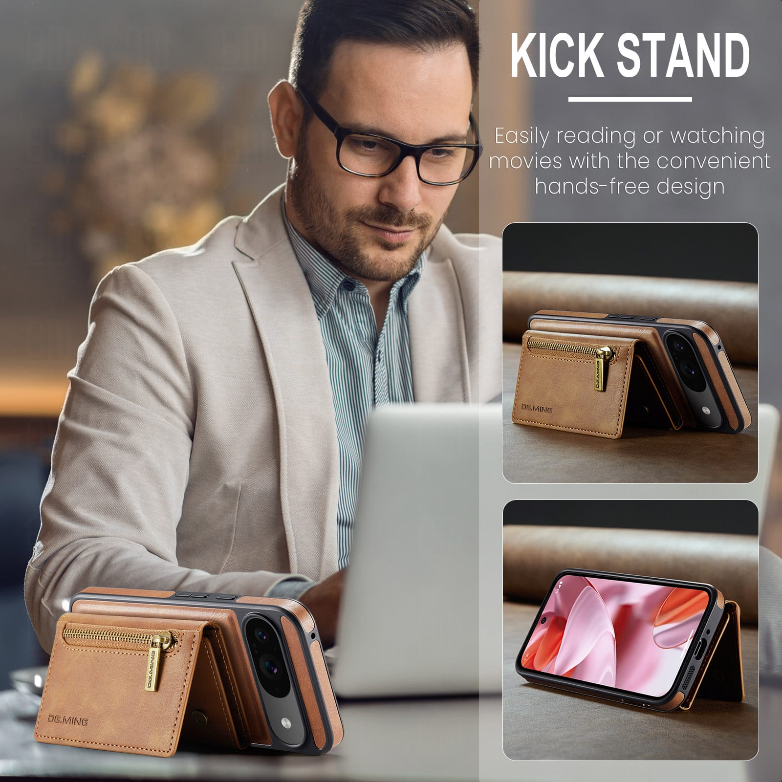 DG.MING Detachable Magnetic Wallet Case with Zipper Pocket for Pixel 10 [Brown]