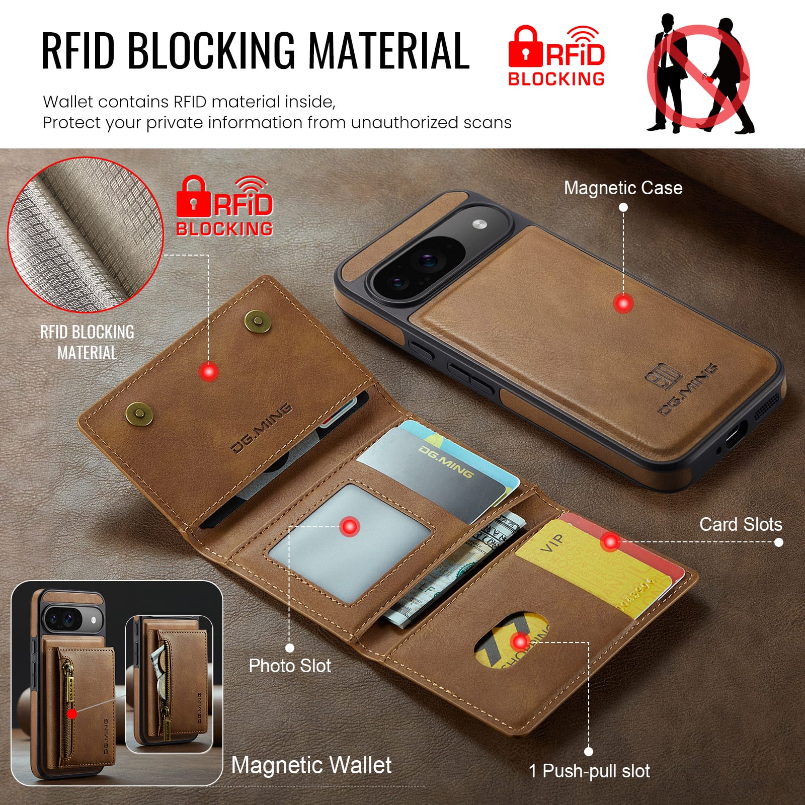 DG.MING Detachable Magnetic Wallet Case with Zipper Pocket for Pixel 10 [Brown]