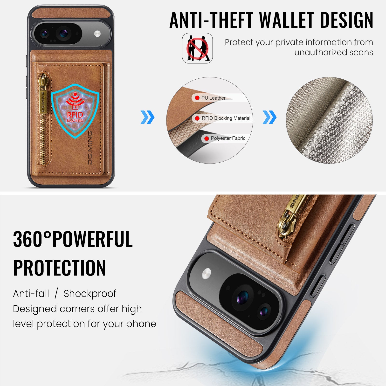 DG.MING Detachable Magnetic Wallet Case with Zipper Pocket for Pixel 10 [Brown]
