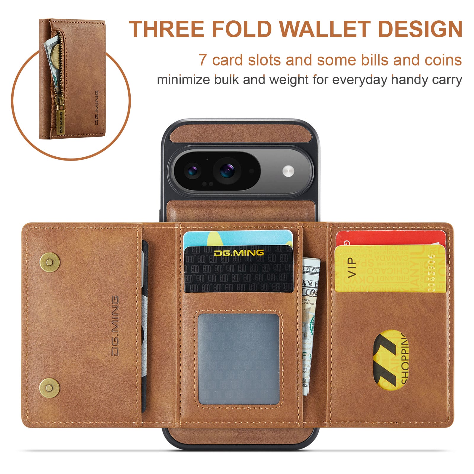 DG.MING Detachable Magnetic Wallet Case with Zipper Pocket for Pixel 10 [Brown]