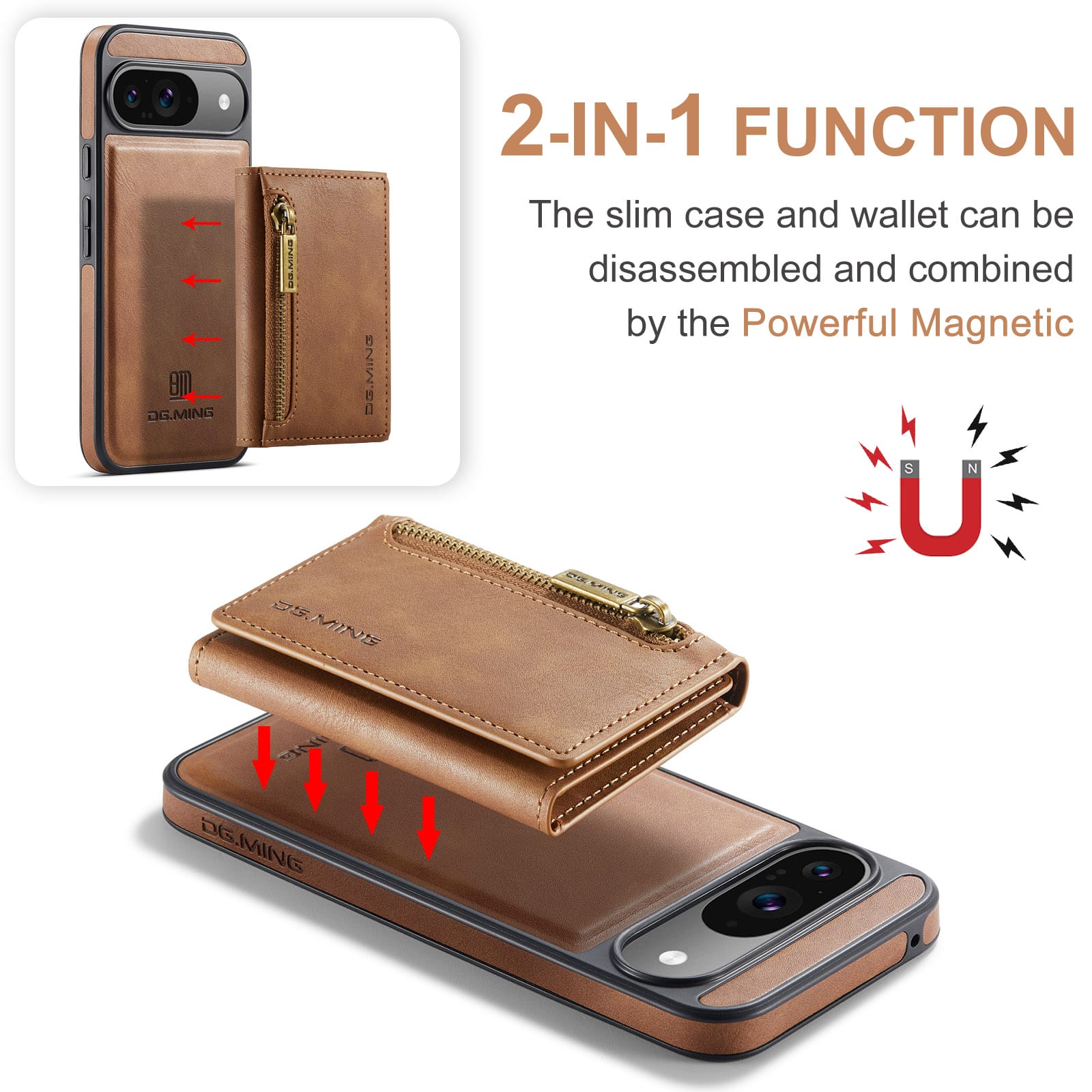 DG.MING Detachable Magnetic Wallet Case with Zipper Pocket for Pixel 10 [Brown]