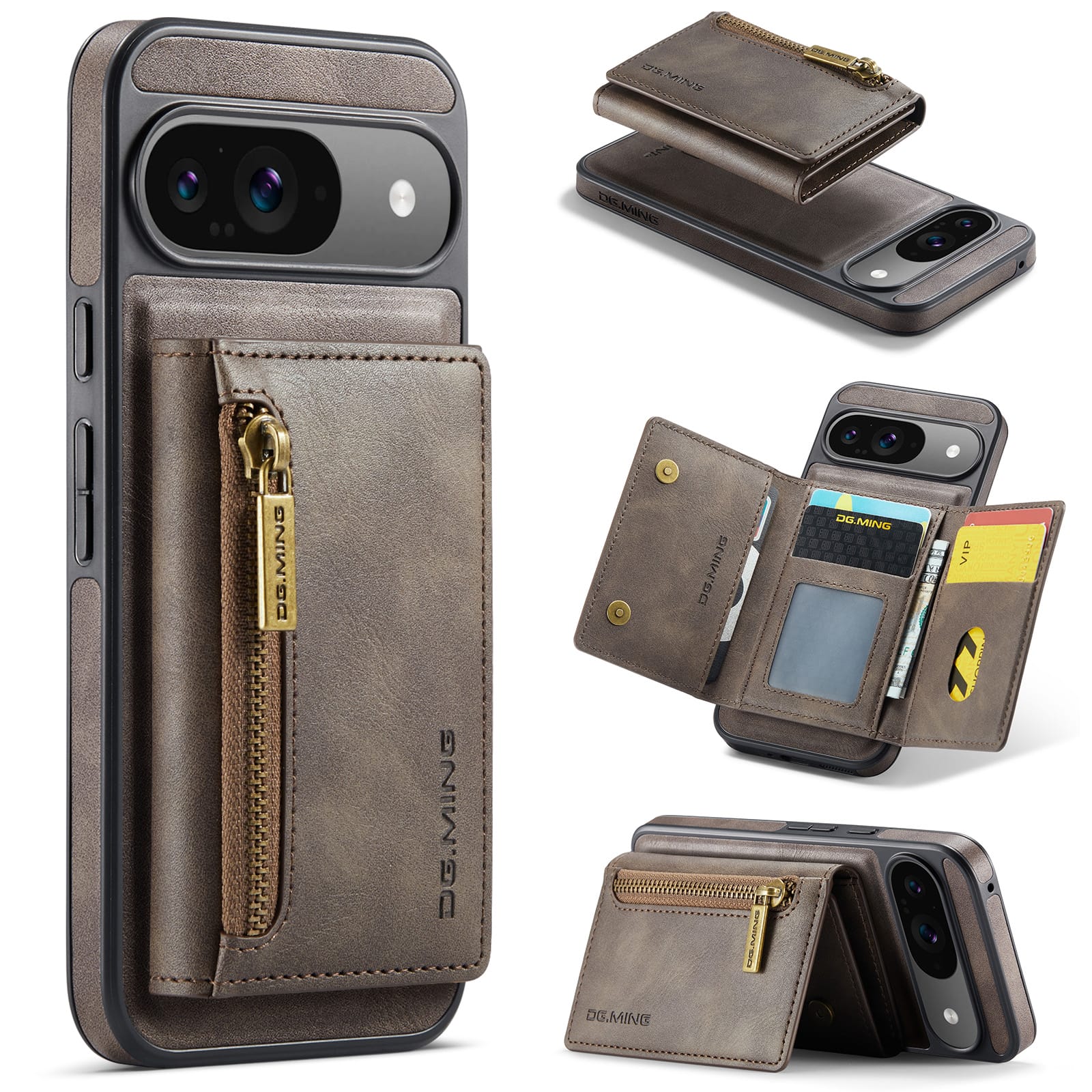 DG.MING Detachable Magnetic Wallet Case with Zipper Pocket for Pixel 10 [Coffee]