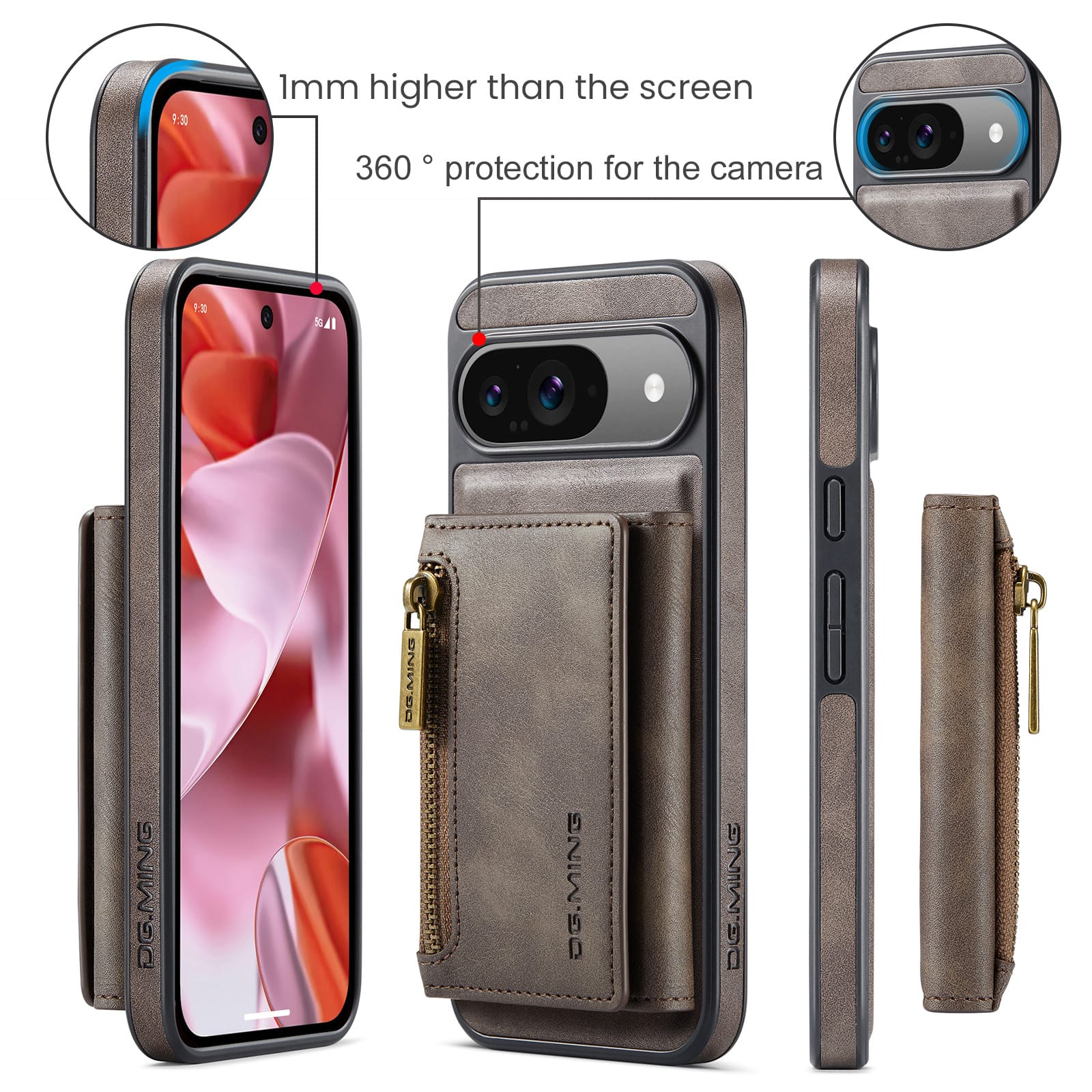 DG.MING Detachable Magnetic Wallet Case with Zipper Pocket for Pixel 10 [Coffee]