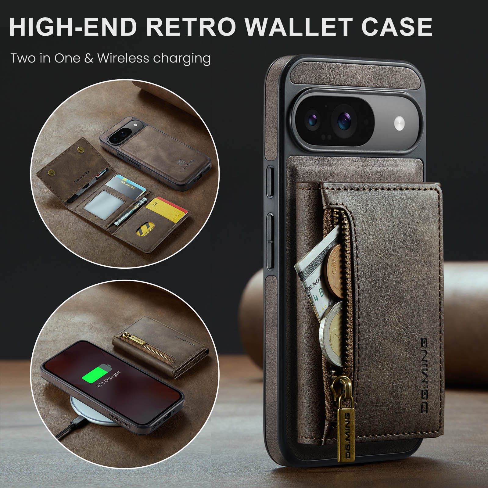 DG.MING Detachable Magnetic Wallet Case with Zipper Pocket for Pixel 10 [Coffee]