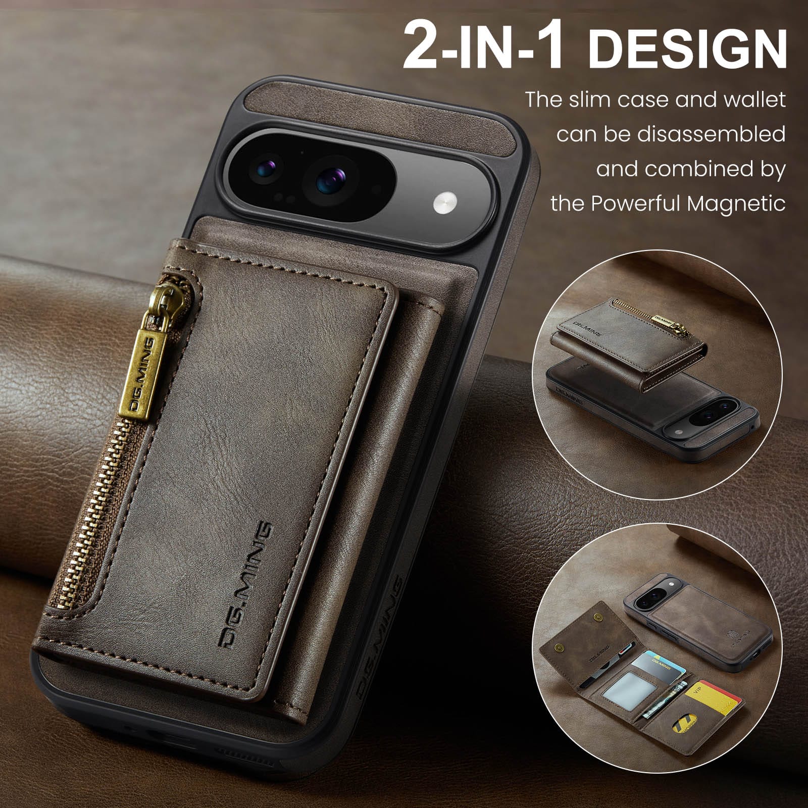 DG.MING Detachable Magnetic Wallet Case with Zipper Pocket for Pixel 10 [Coffee]