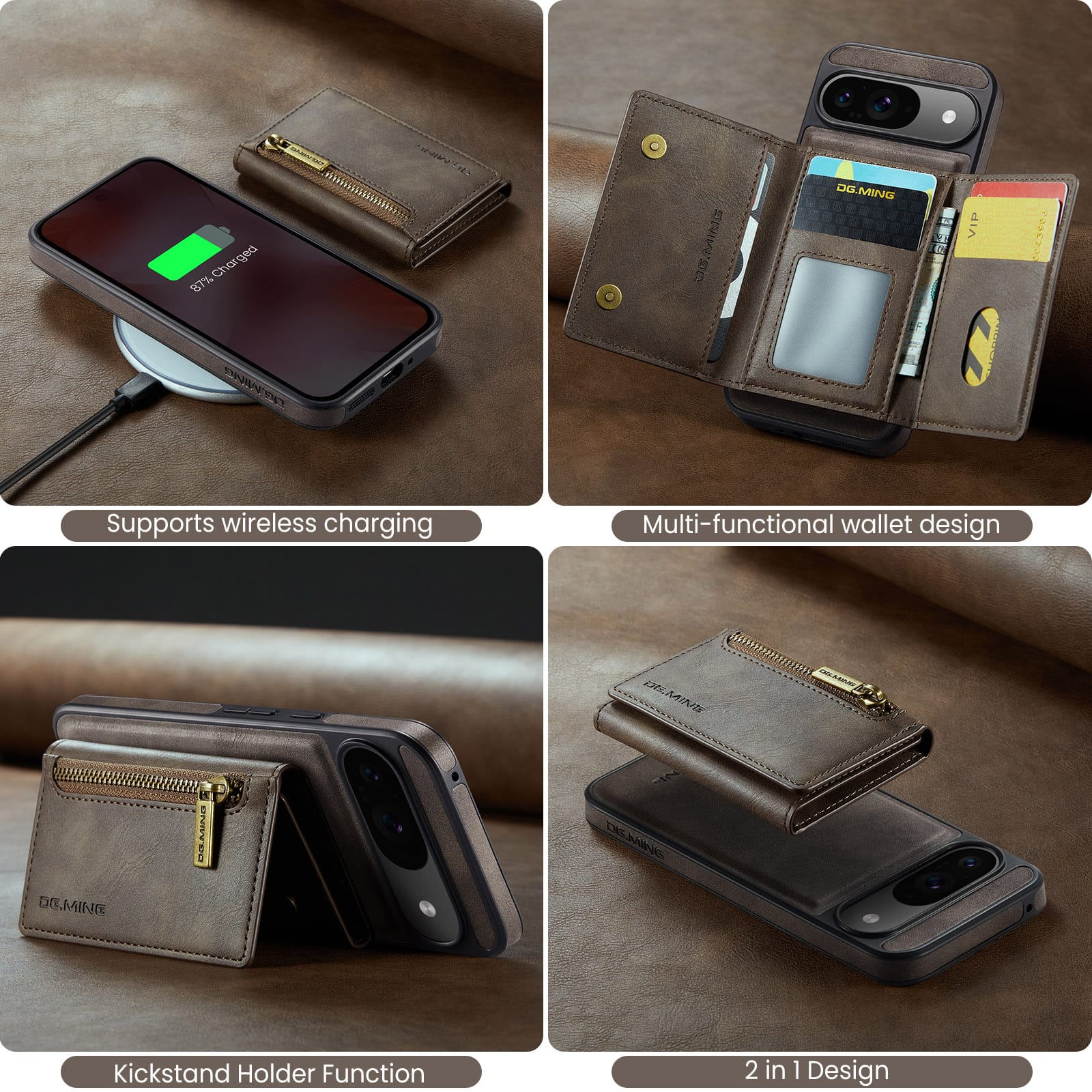 DG.MING Detachable Magnetic Wallet Case with Zipper Pocket for Pixel 10 [Coffee]