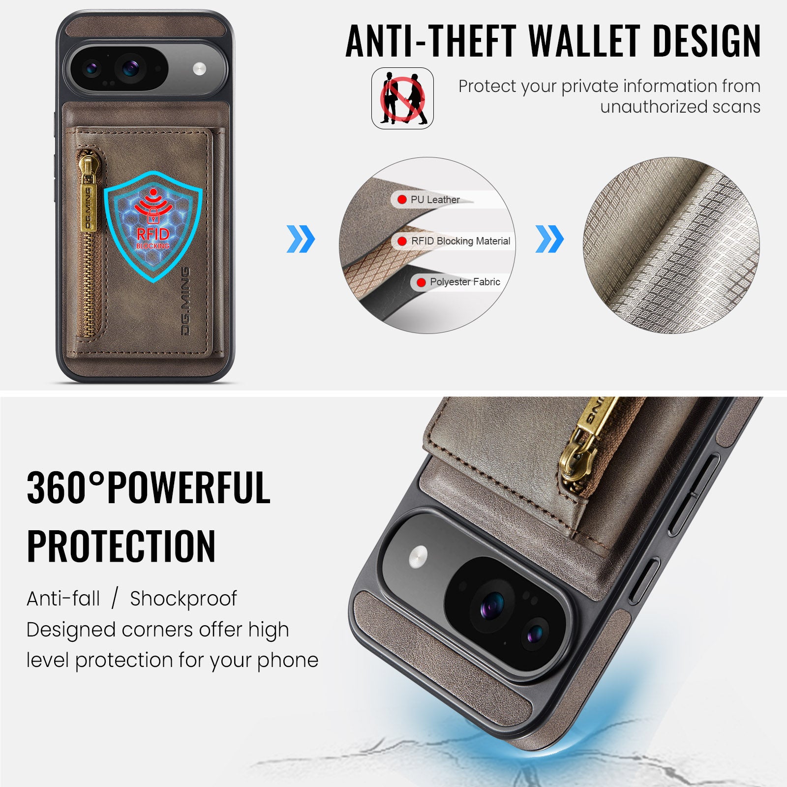 DG.MING Detachable Magnetic Wallet Case with Zipper Pocket for Pixel 10 [Coffee]
