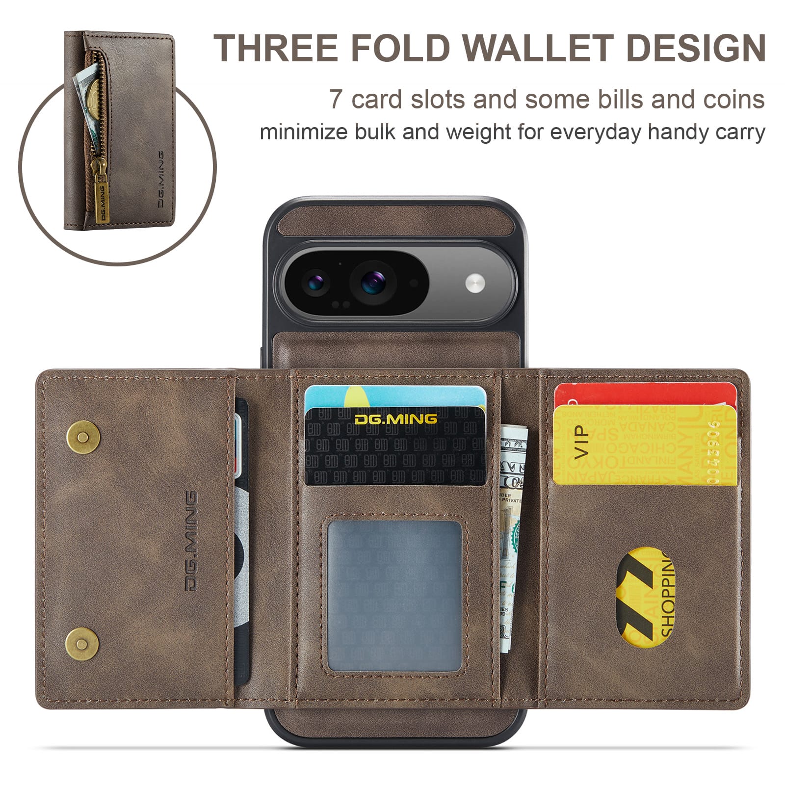 DG.MING Detachable Magnetic Wallet Case with Zipper Pocket for Pixel 10 [Coffee]