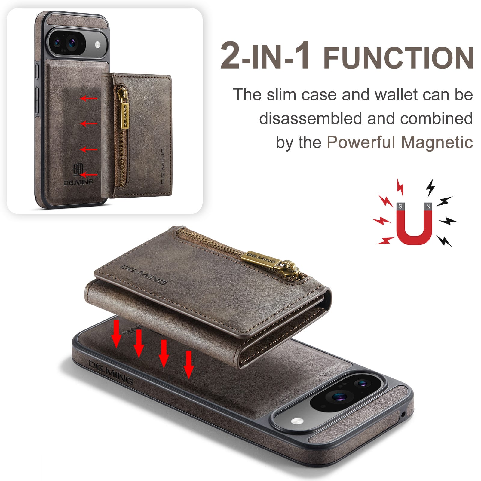DG.MING Detachable Magnetic Wallet Case with Zipper Pocket for Pixel 10 [Coffee]