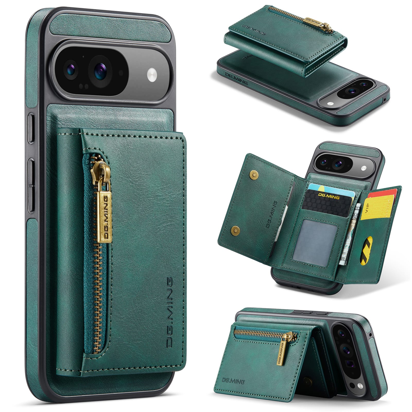 DG.MING Detachable Magnetic Wallet Case with Zipper Pocket for Pixel 10 [Green]