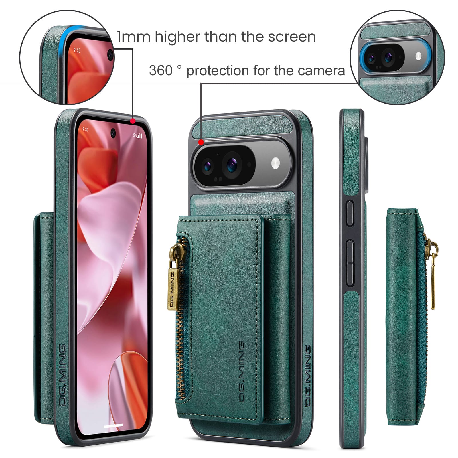 DG.MING Detachable Magnetic Wallet Case with Zipper Pocket for Pixel 10 [Green]