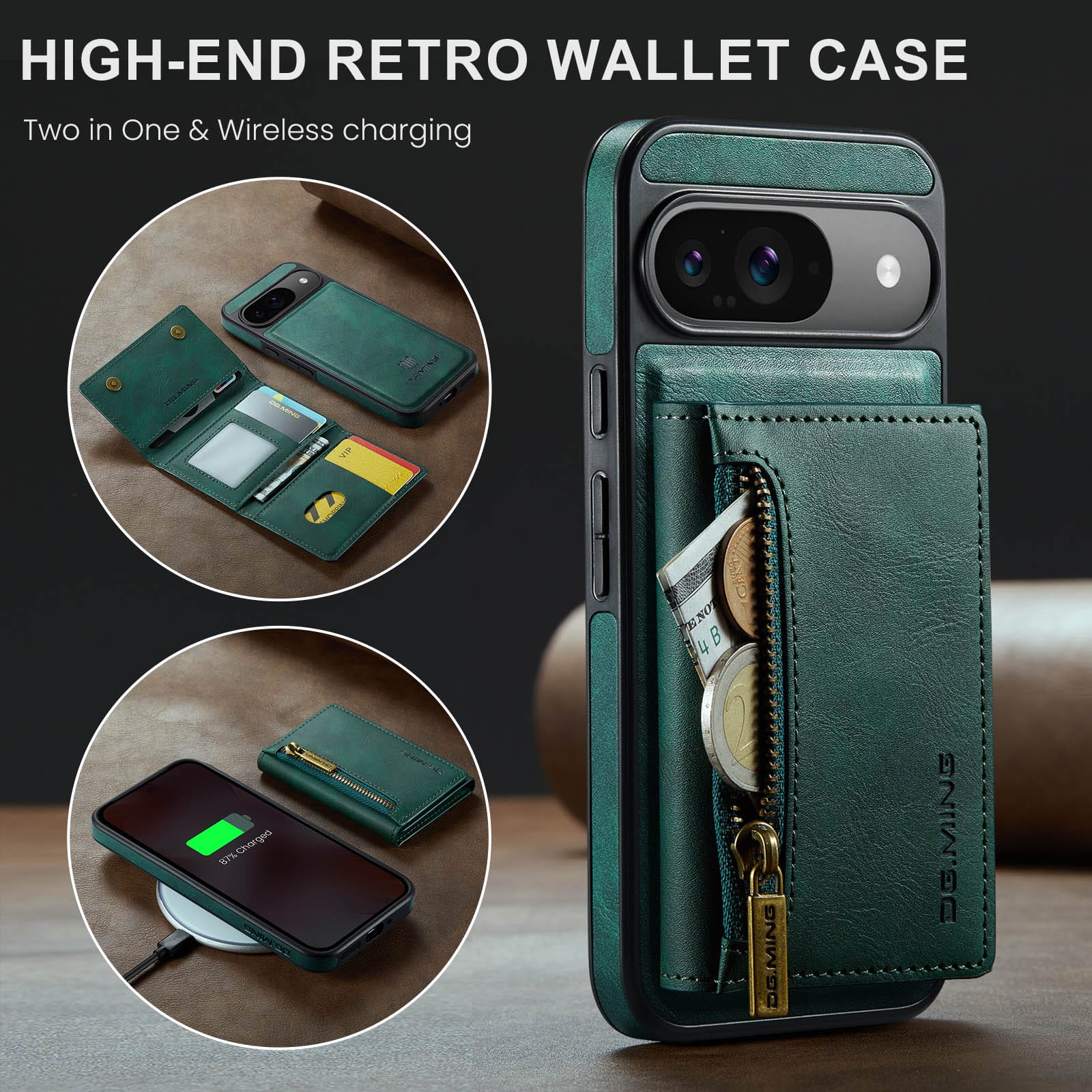 DG.MING Detachable Magnetic Wallet Case with Zipper Pocket for Pixel 10 [Green]