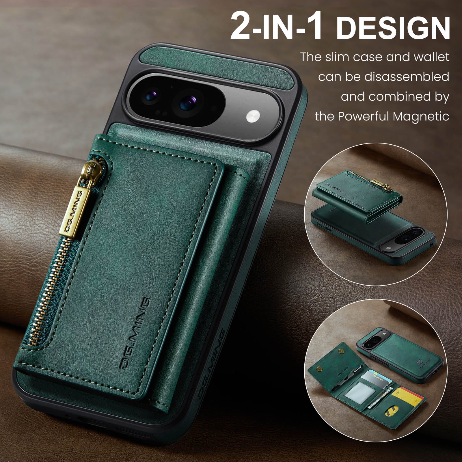 DG.MING Detachable Magnetic Wallet Case with Zipper Pocket for Pixel 10 [Green]