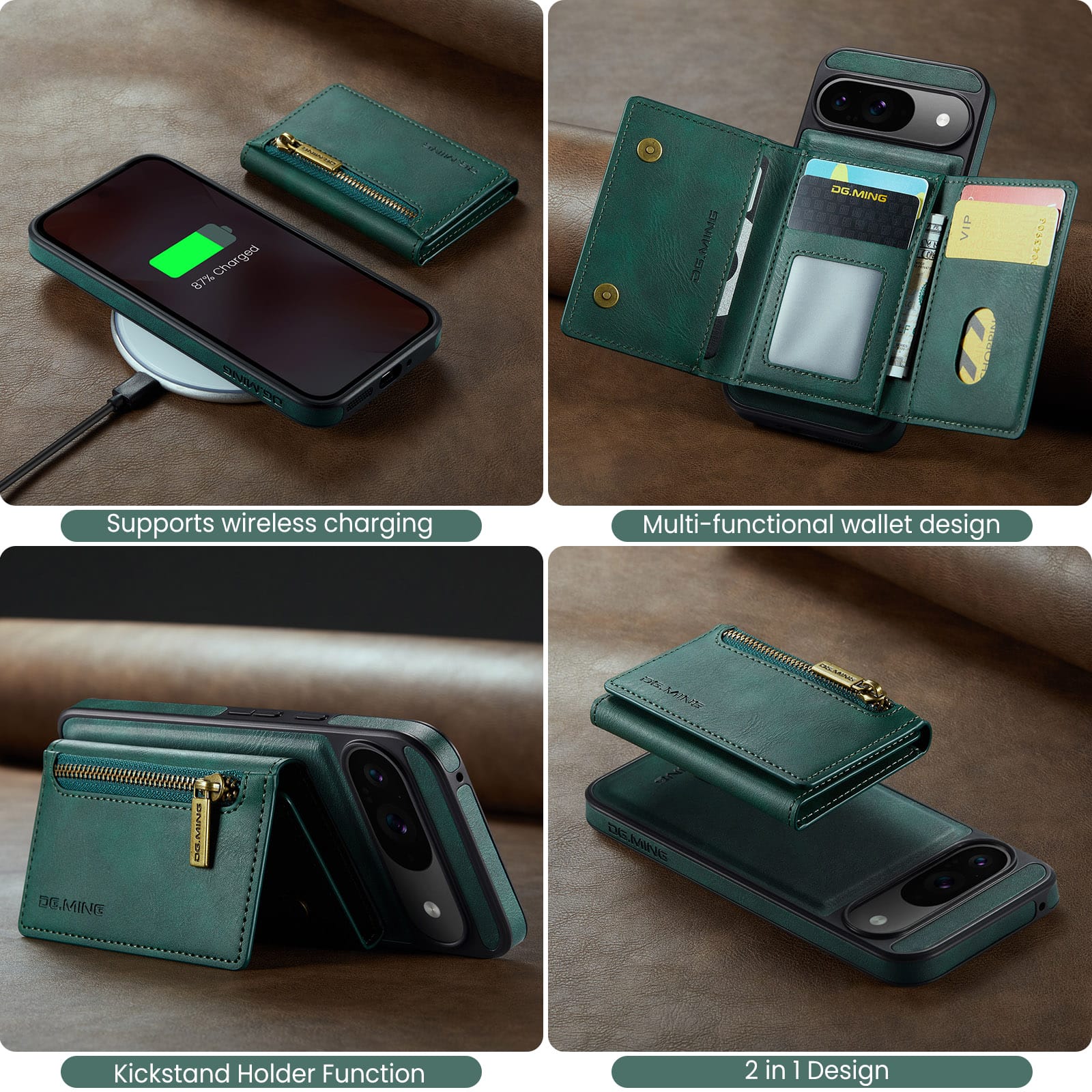DG.MING Detachable Magnetic Wallet Case with Zipper Pocket for Pixel 10 Pro [Green]