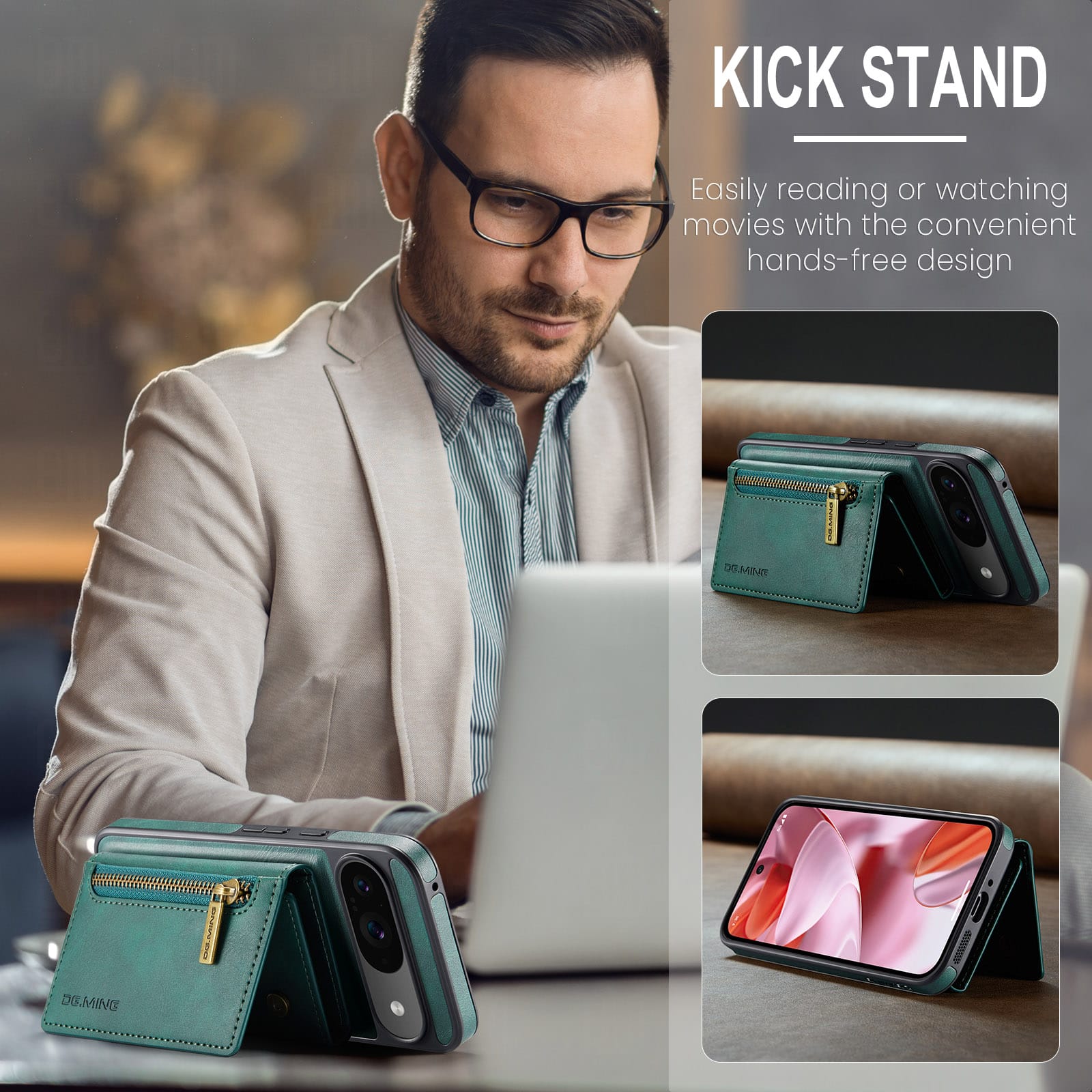 DG.MING Detachable Magnetic Wallet Case with Zipper Pocket for Pixel 10 [Green]