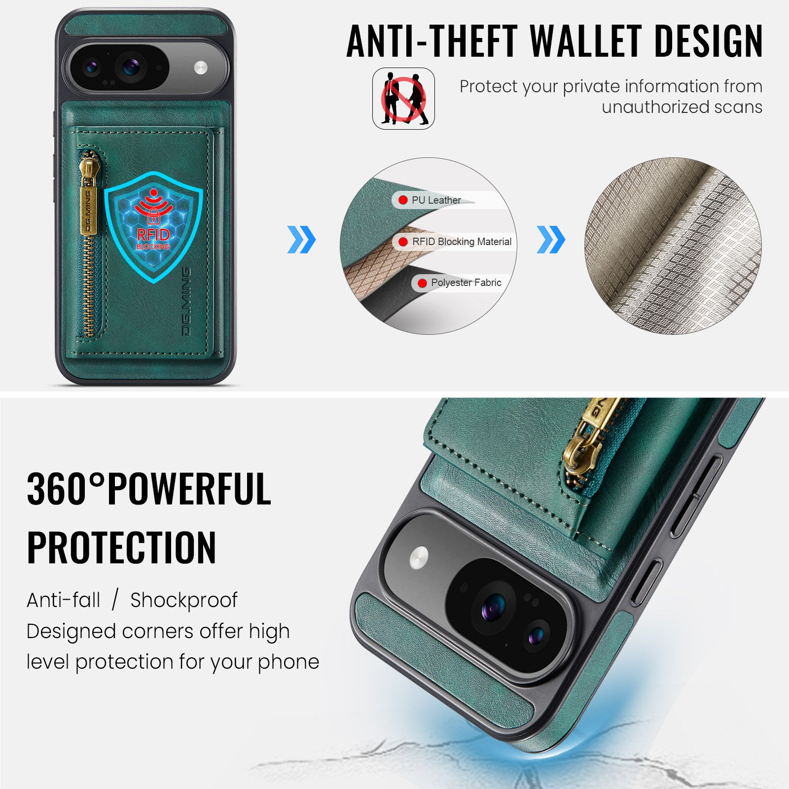 DG.MING Detachable Magnetic Wallet Case with Zipper Pocket for Pixel 10 [Green]