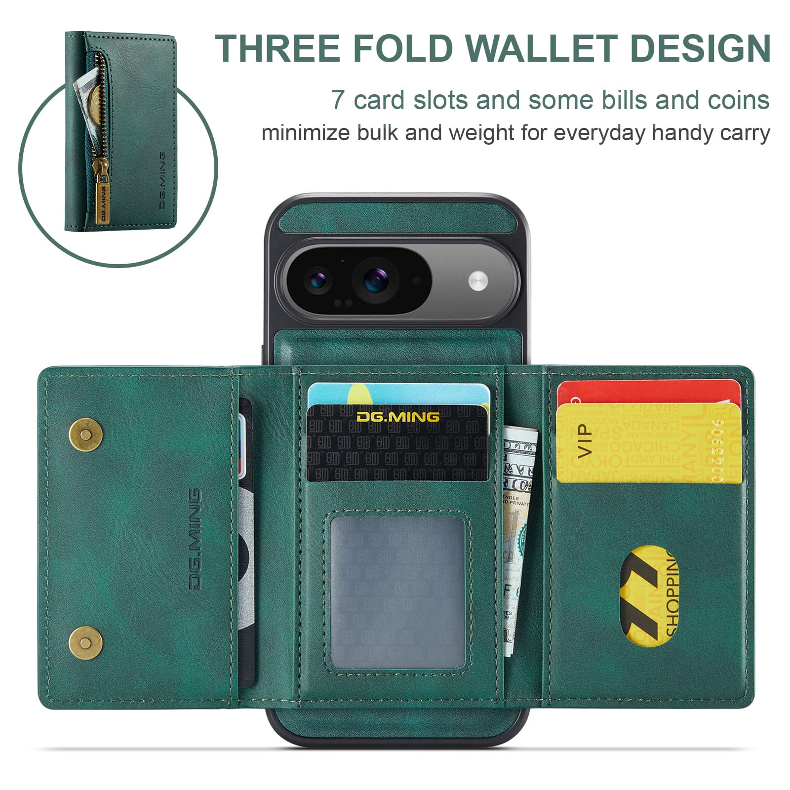 DG.MING Detachable Magnetic Wallet Case with Zipper Pocket for Pixel 10 [Green]