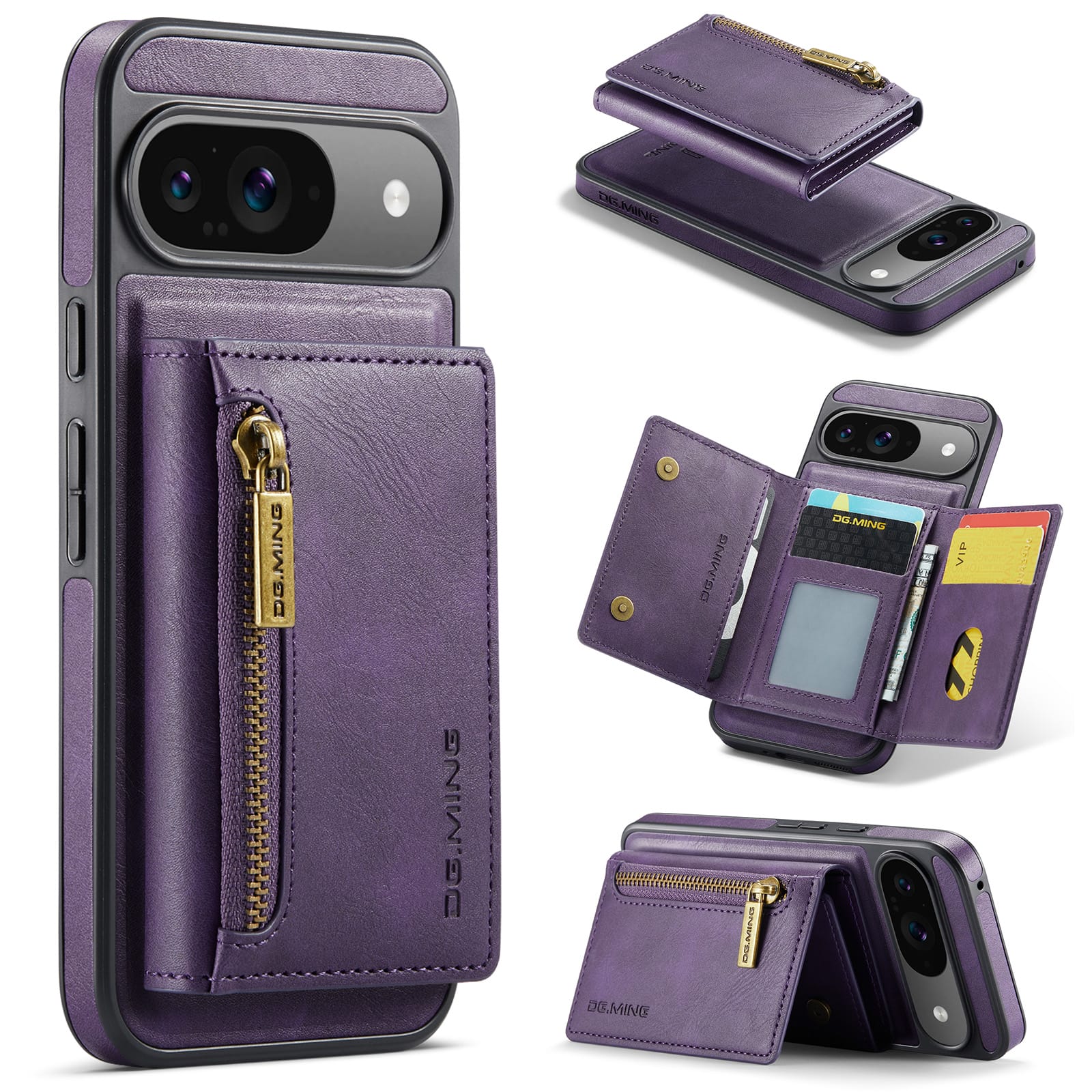 DG.MING Detachable Magnetic Wallet Case with Zipper Pocket for Pixel 10 [Purple]