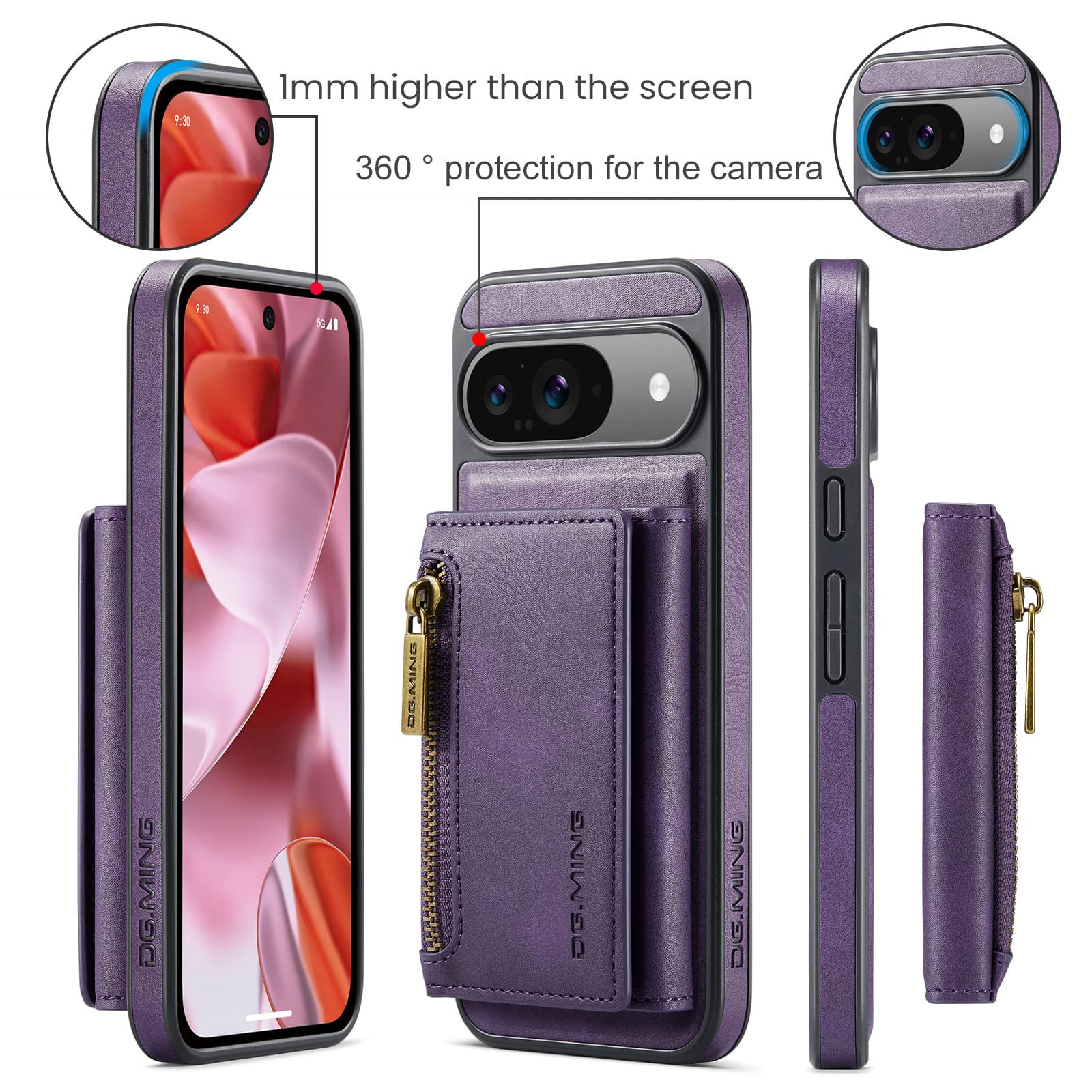 DG.MING Detachable Magnetic Wallet Case with Zipper Pocket for Pixel 10 [Purple]