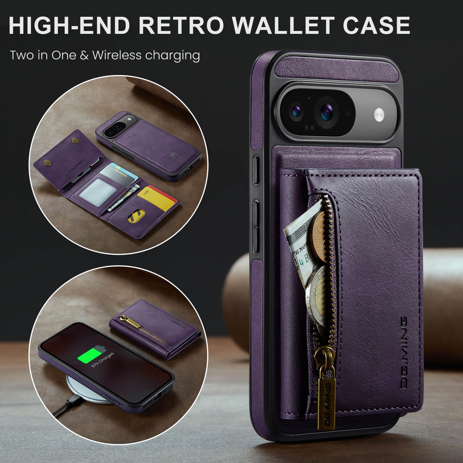 DG.MING Detachable Magnetic Wallet Case with Zipper Pocket for Pixel 10 [Purple]
