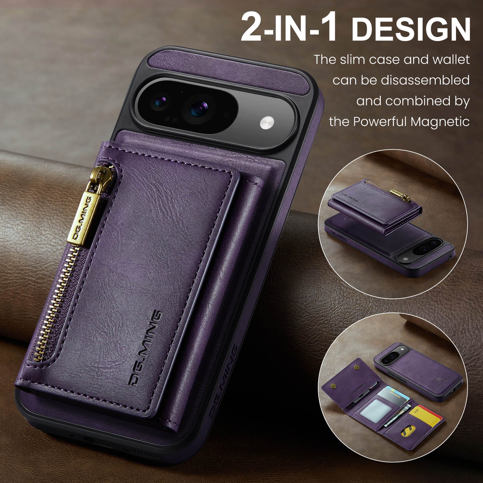 DG.MING Detachable Magnetic Wallet Case with Zipper Pocket for Pixel 10 Pro [Purple]