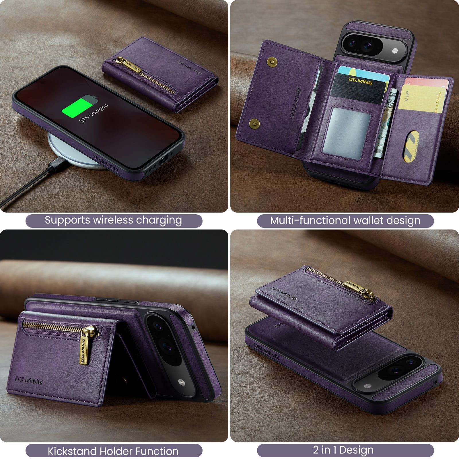 DG.MING Detachable Magnetic Wallet Case with Zipper Pocket for Pixel 10 [Purple]