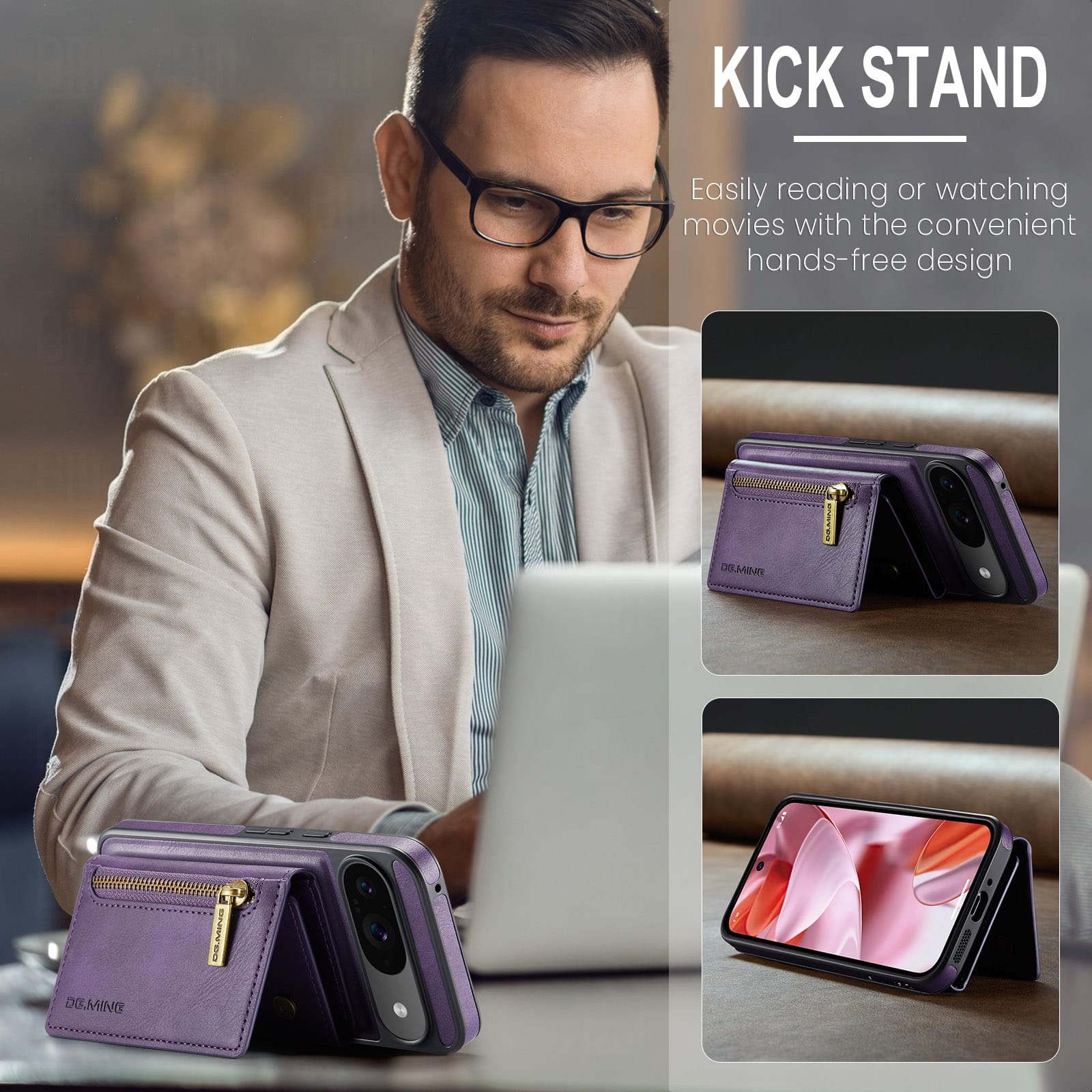 DG.MING Detachable Magnetic Wallet Case with Zipper Pocket for Pixel 10 [Purple]