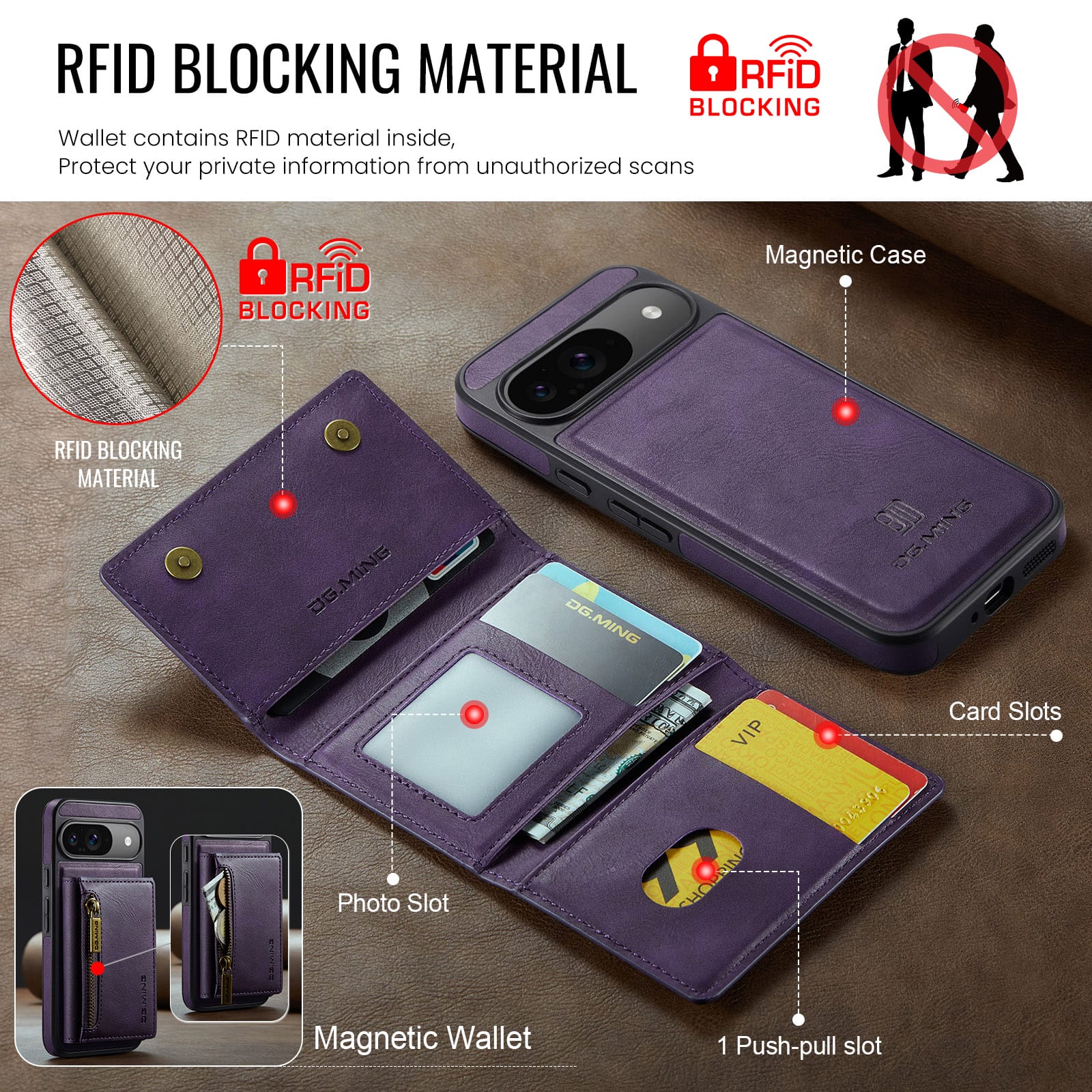 DG.MING Detachable Magnetic Wallet Case with Zipper Pocket for Pixel 10 [Purple]