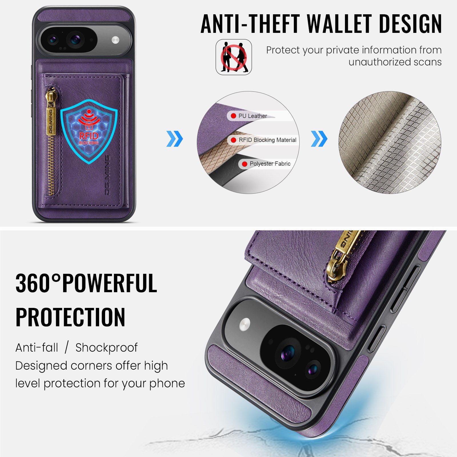 DG.MING Detachable Magnetic Wallet Case with Zipper Pocket for Pixel 10 [Purple]