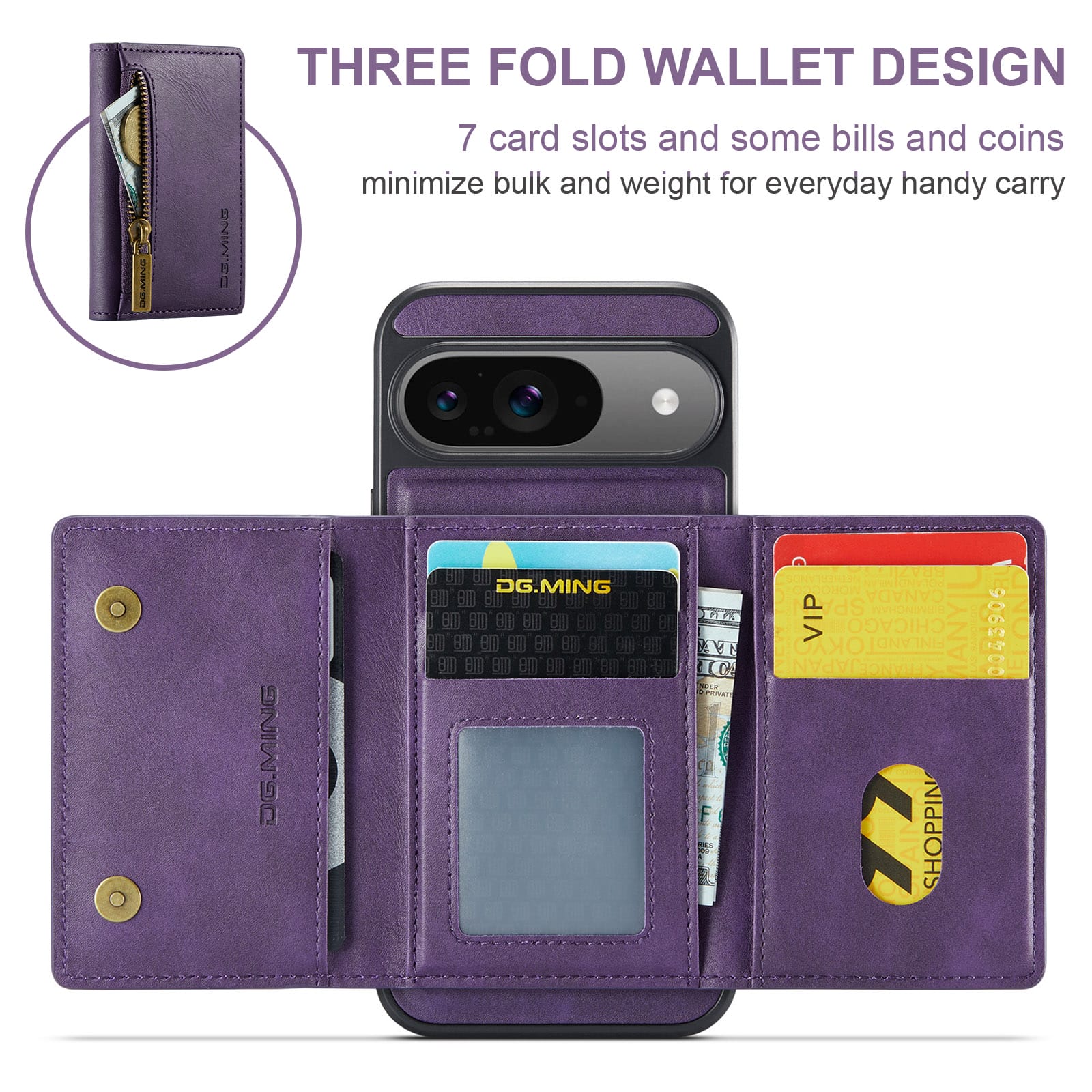 DG.MING Detachable Magnetic Wallet Case with Zipper Pocket for Pixel 10 Pro [Purple]