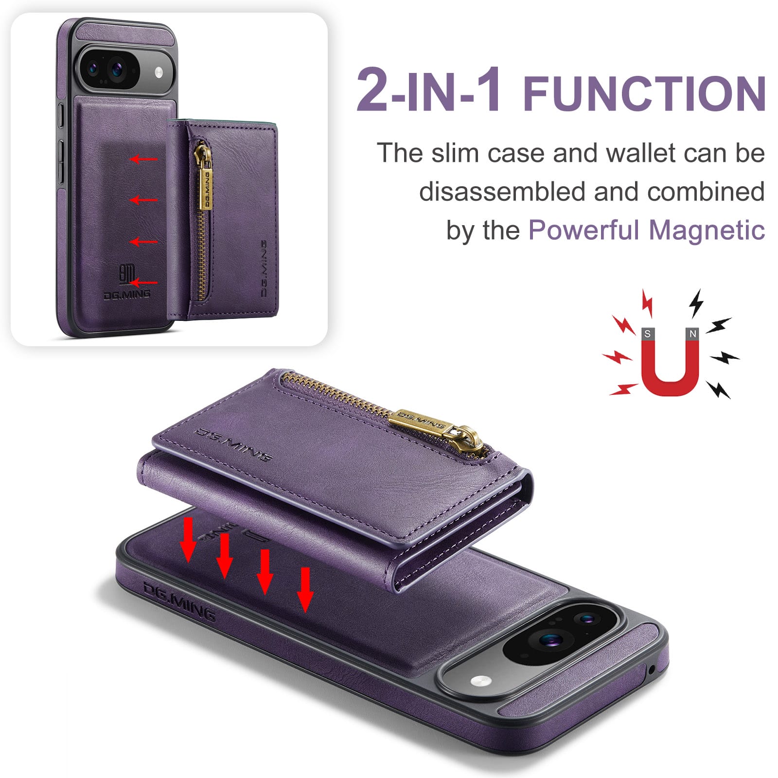 DG.MING Detachable Magnetic Wallet Case with Zipper Pocket for Pixel 10 Pro [Purple]