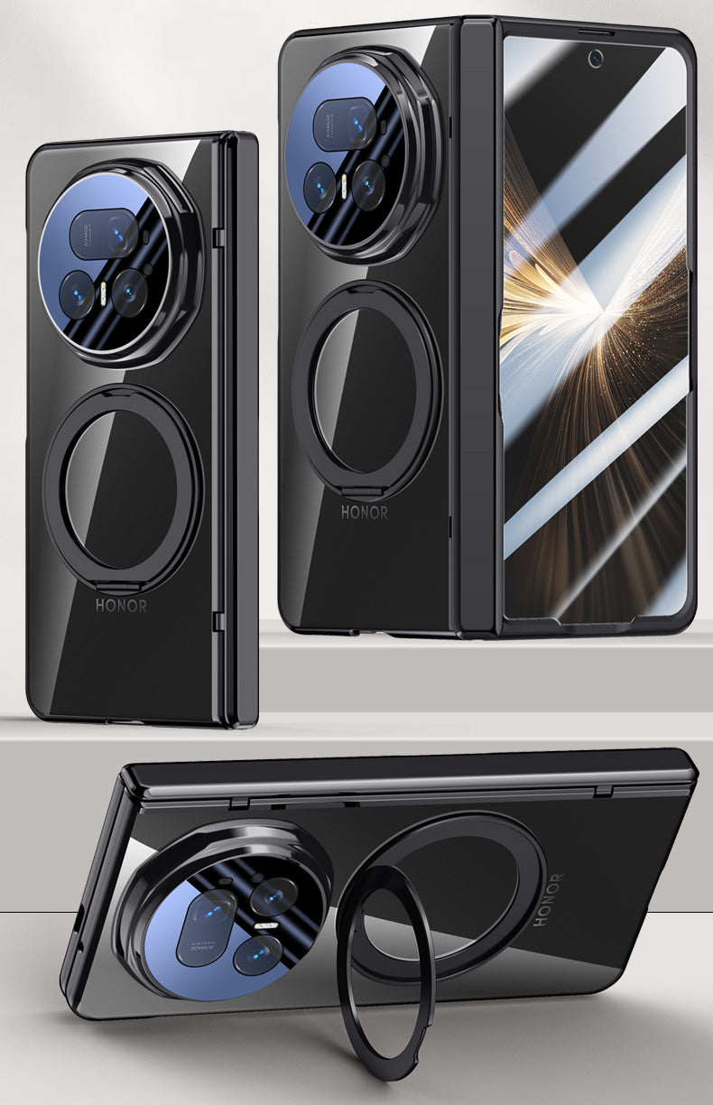 Clear 360°Rotating Magnetic Ring Stand Case for Honor Magic V5 with Tempered Glass [Black]