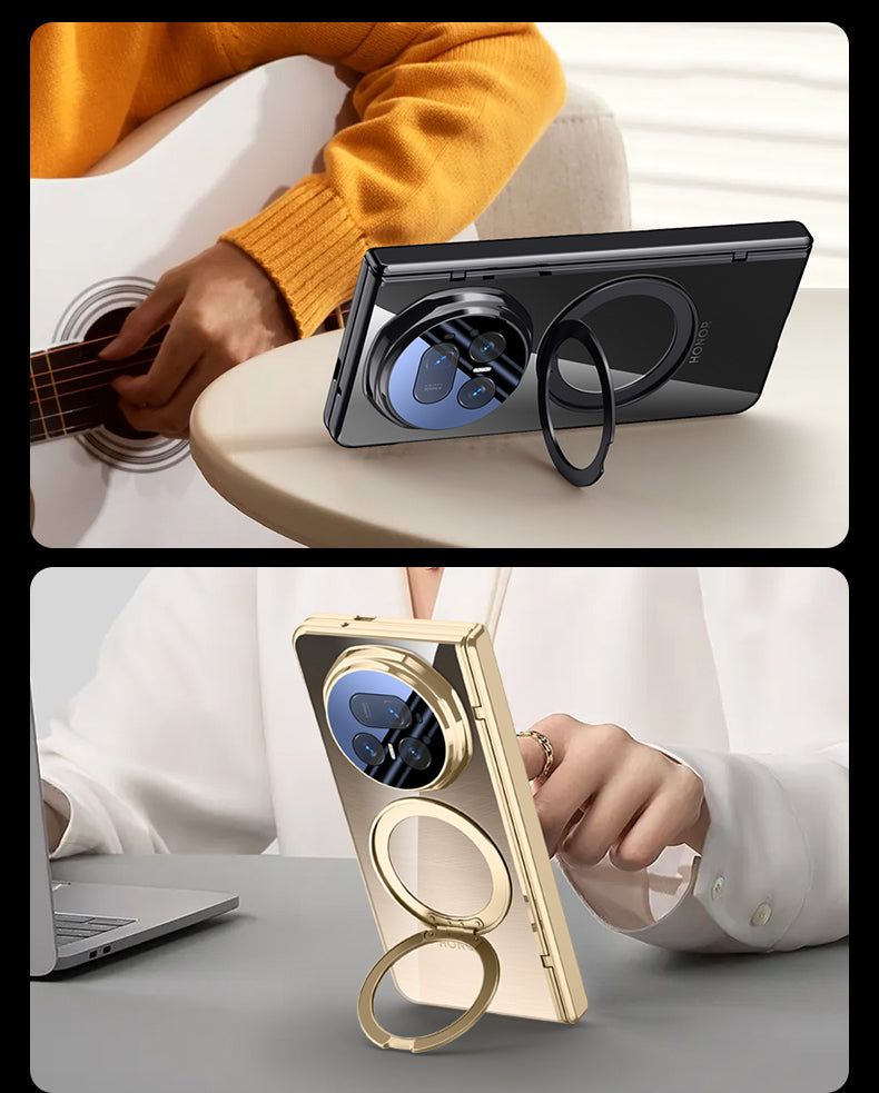 Clear 360°Rotating Magnetic Ring Stand Case for Honor Magic V5 with Tempered Glass [Black]