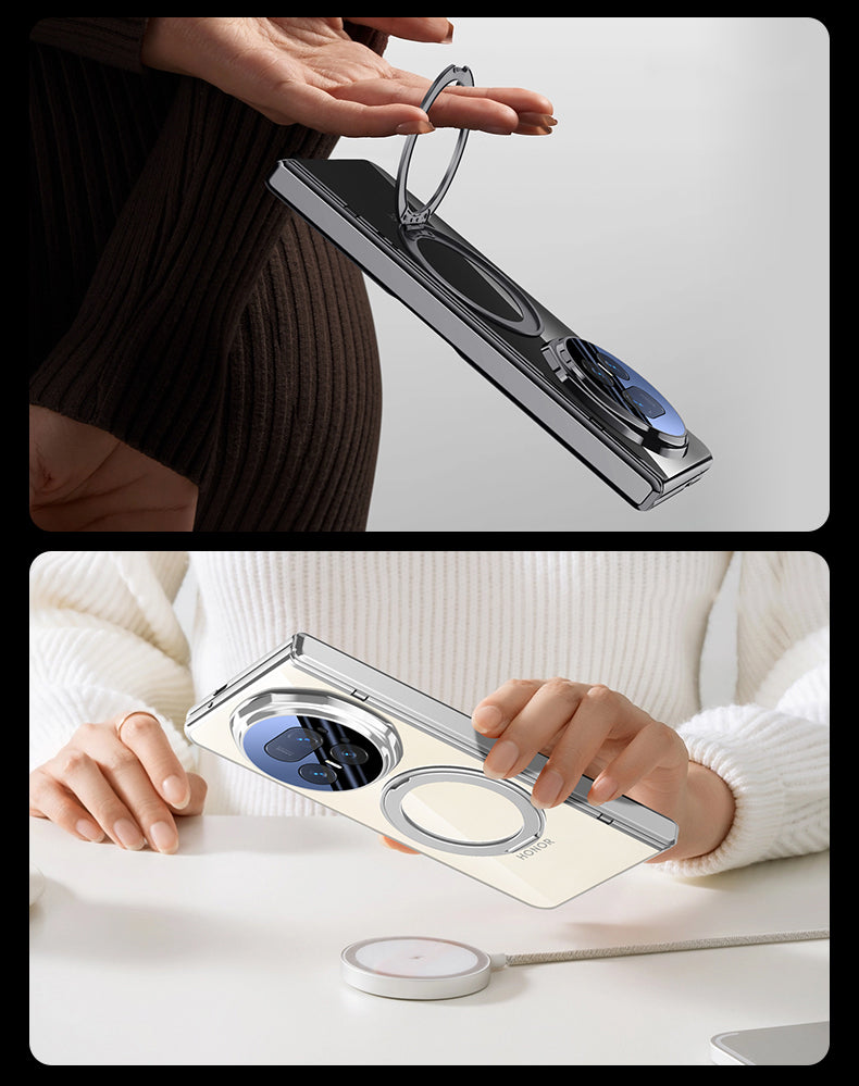 Clear 360°Rotating Magnetic Ring Stand Case for Honor Magic V5 with Tempered Glass [Silver]