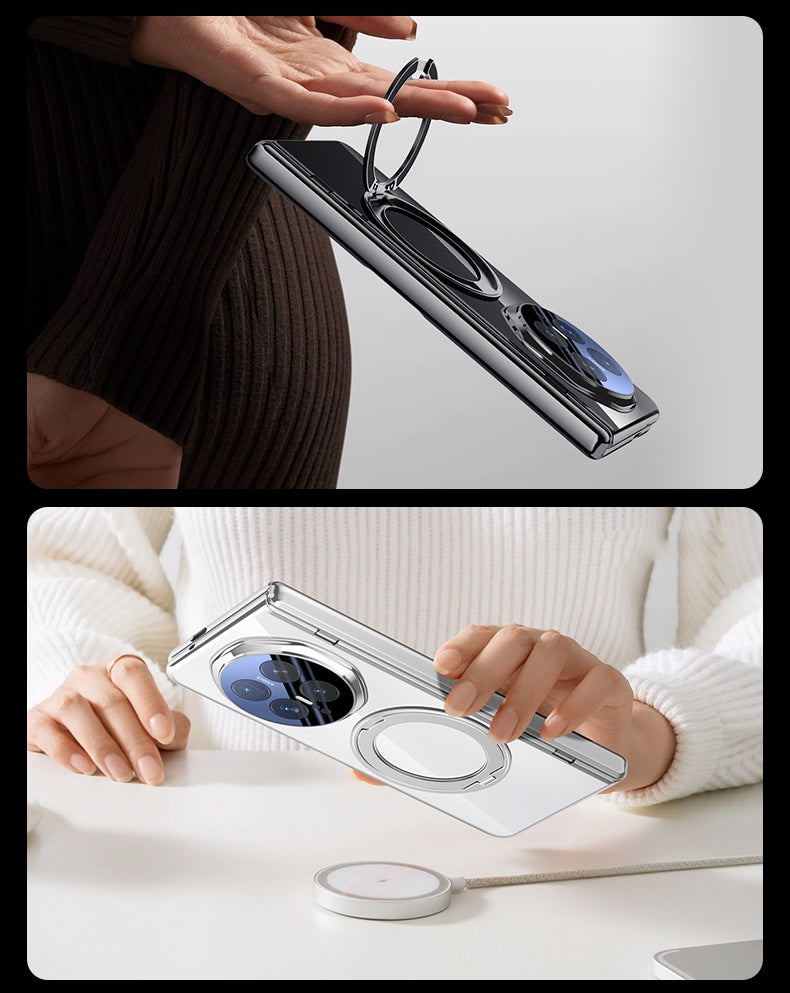 HONOR Magic V6 Clear Magnetic Case - 360° Rotating Ring Stand & Hinge Shield [Silver]