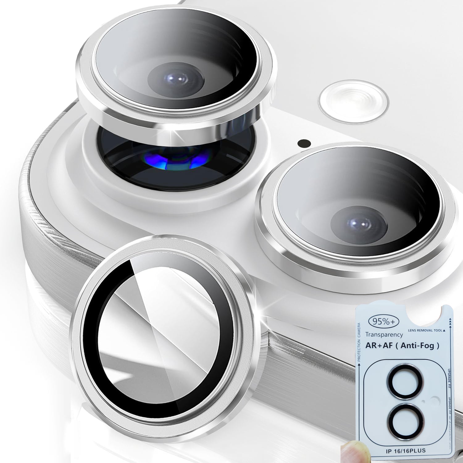 iPhone 16 / 16+ Eagle Eye AR+AF Camera Lens Protector with Removal Tool [Silver]
