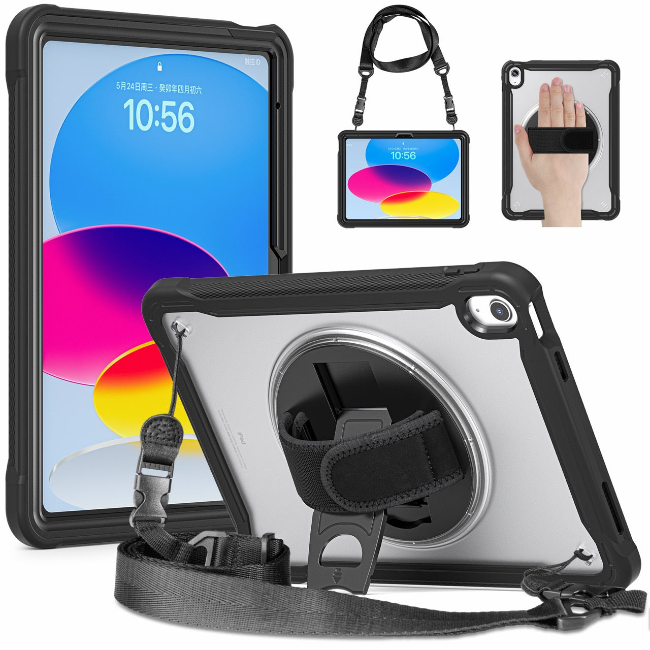 iPad 11" (A16, 2024) / iPad 10 (2022) Rugged Case - 360° Stand, Hand & Shoulder Strap - Shockproof - Black