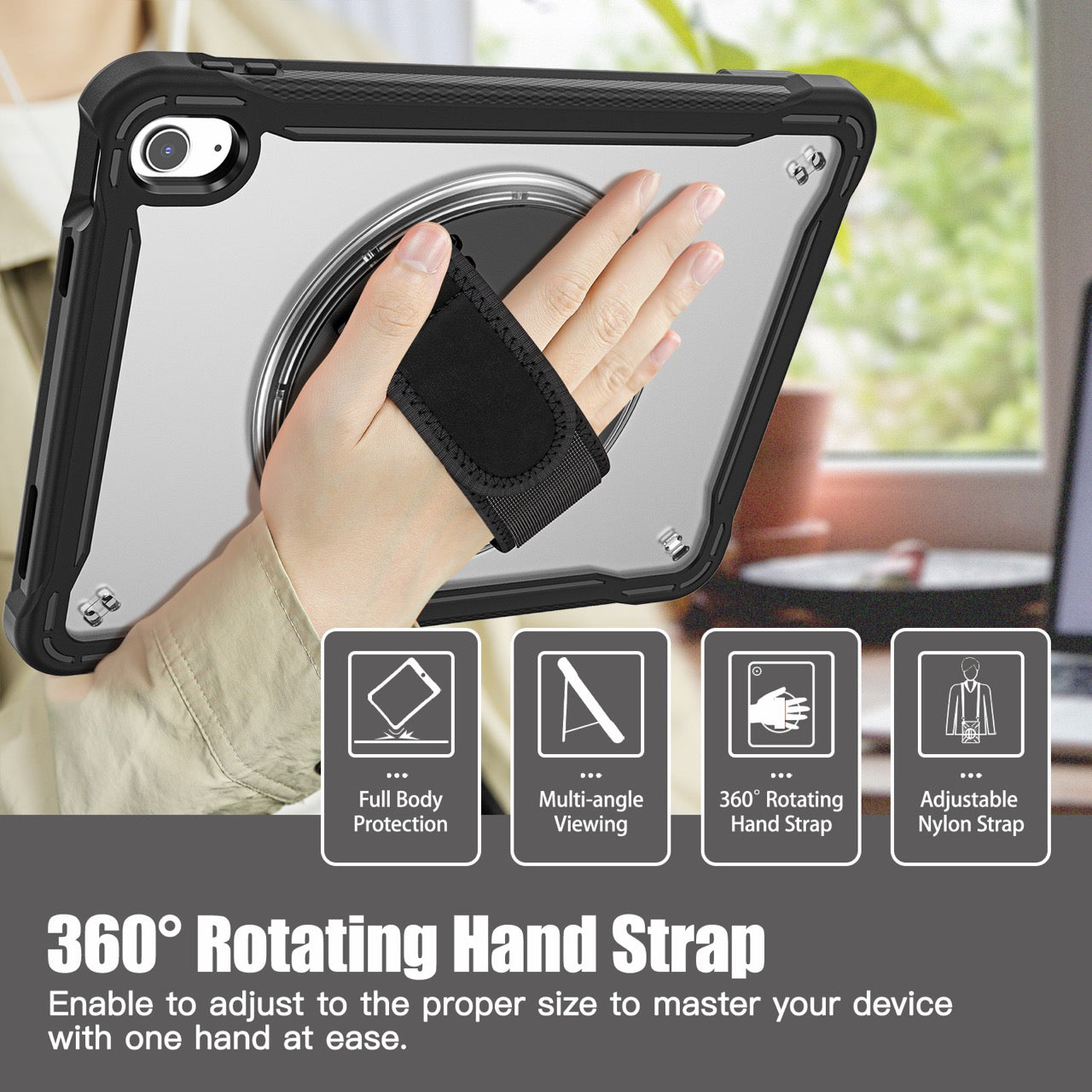 iPad 11" (A16, 2024) / iPad 10 (2022) Rugged Case - 360° Stand, Hand & Shoulder Strap - Shockproof - Black