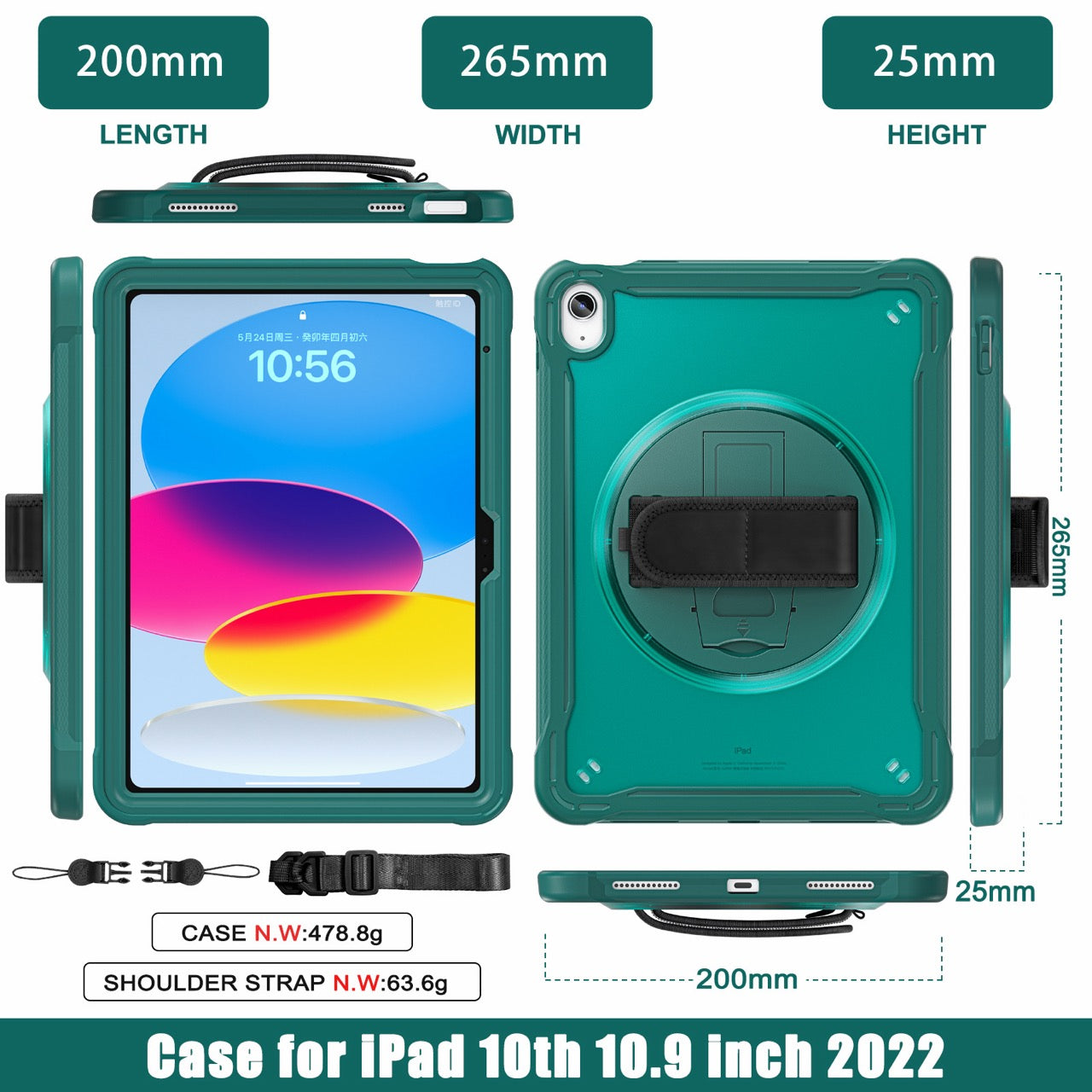 iPad 11" (A16, 2024) / iPad 10 (2022) Rugged Case - 360° Stand, Hand & Shoulder Strap - Shockproof - Green
